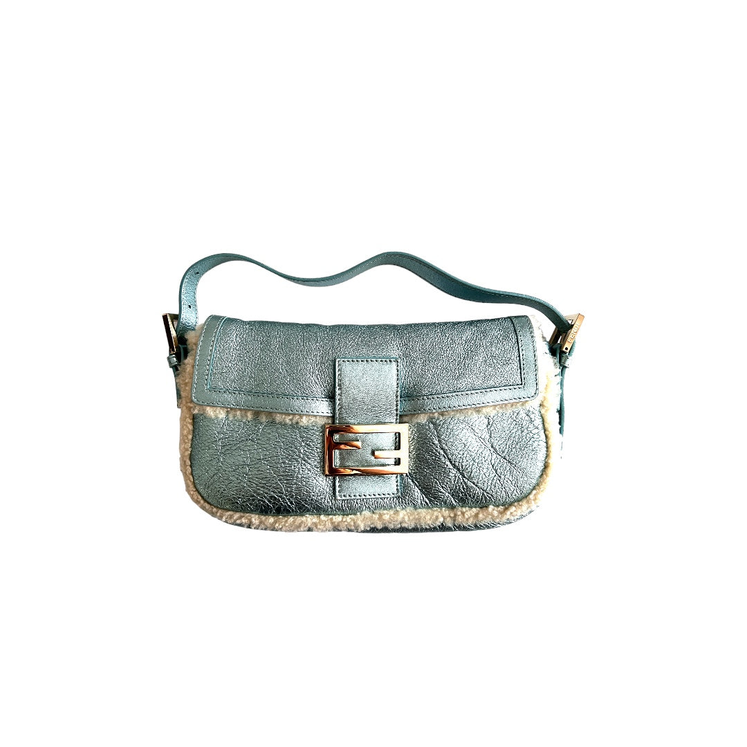 Fendi Metallic Ice Blue Shearling Baguette Bag - Luxury Shoulder Purse for Women, Perfect for Parties, Events & Everyday Use