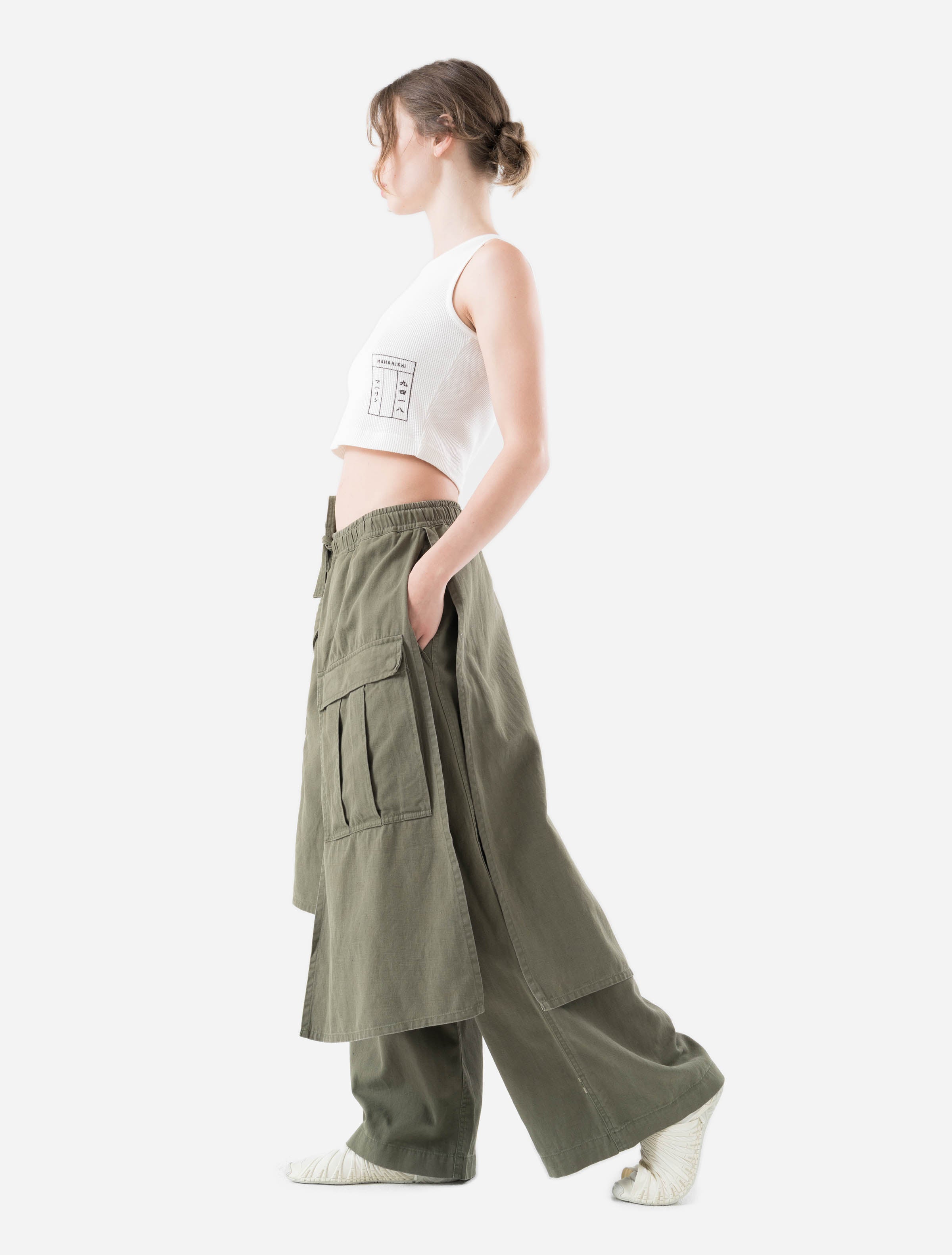 4588 Asymmetrical Cargo Hakama Pants - Olive OG 107F Military Style Joggers for Streetwear & Outdoor Activities