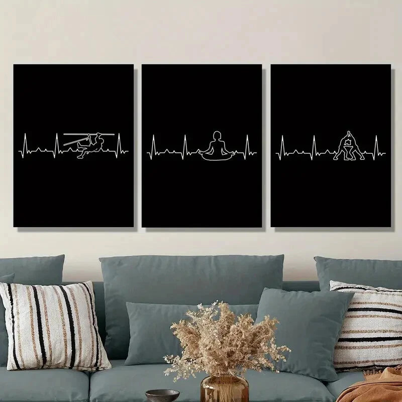 3-Piece Metal Wall Art Prints - Climbing, Wrestling & Yoga Poses with EKG Design - Ready to Hang Home & Gym Decor for Fitness Enthusiasts & Sports Lovers