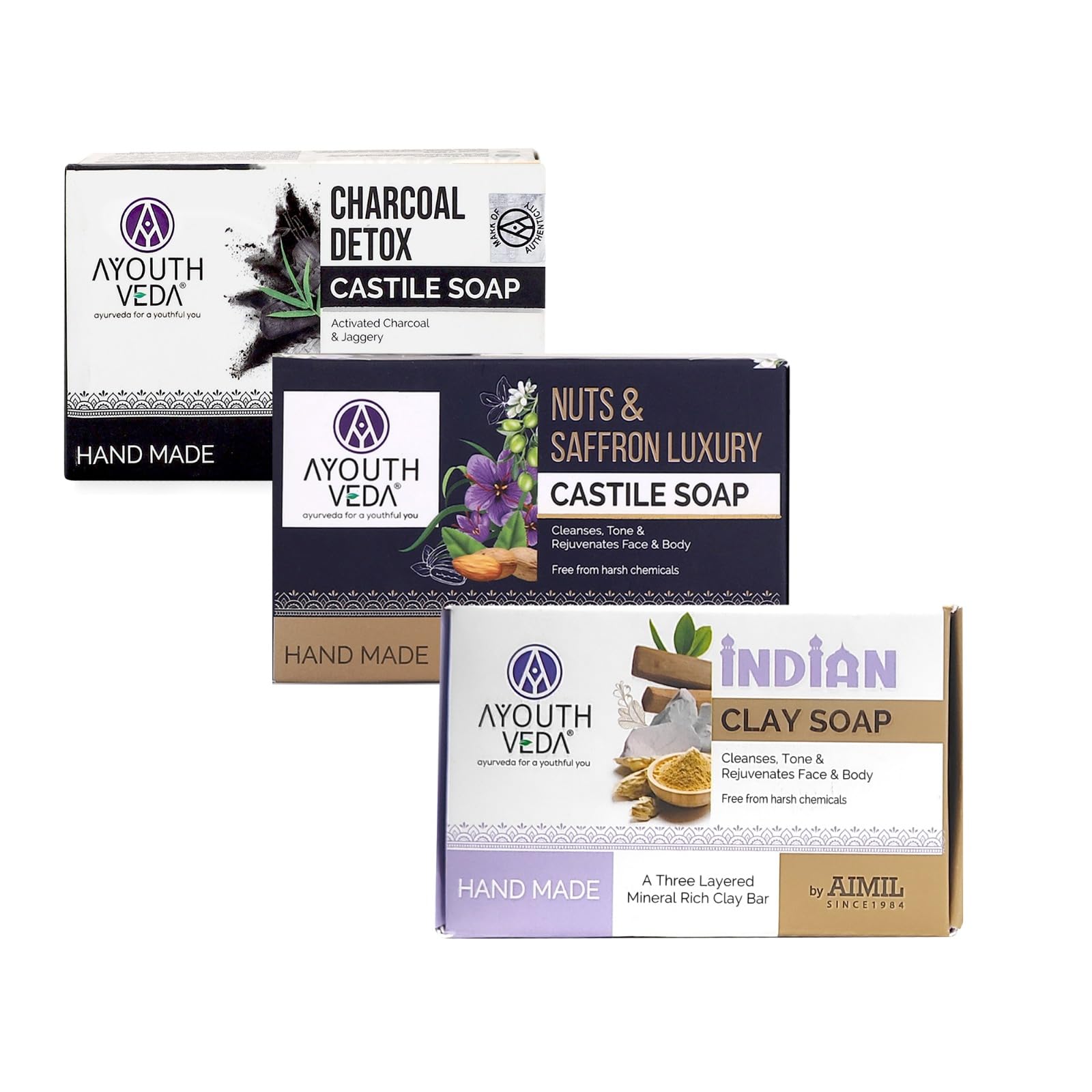 Ayouthveda Herbal Soap Gift Set (3 Pack) - Nuts & Saffron Soap, Indian Clay Soap & Charcoal Detox Soap | Handmade Natural Skincare for Glowing, Rejuvenated & Healthy Skin | Perfect for Daily Cleansing, Spa Day & Gift Giving