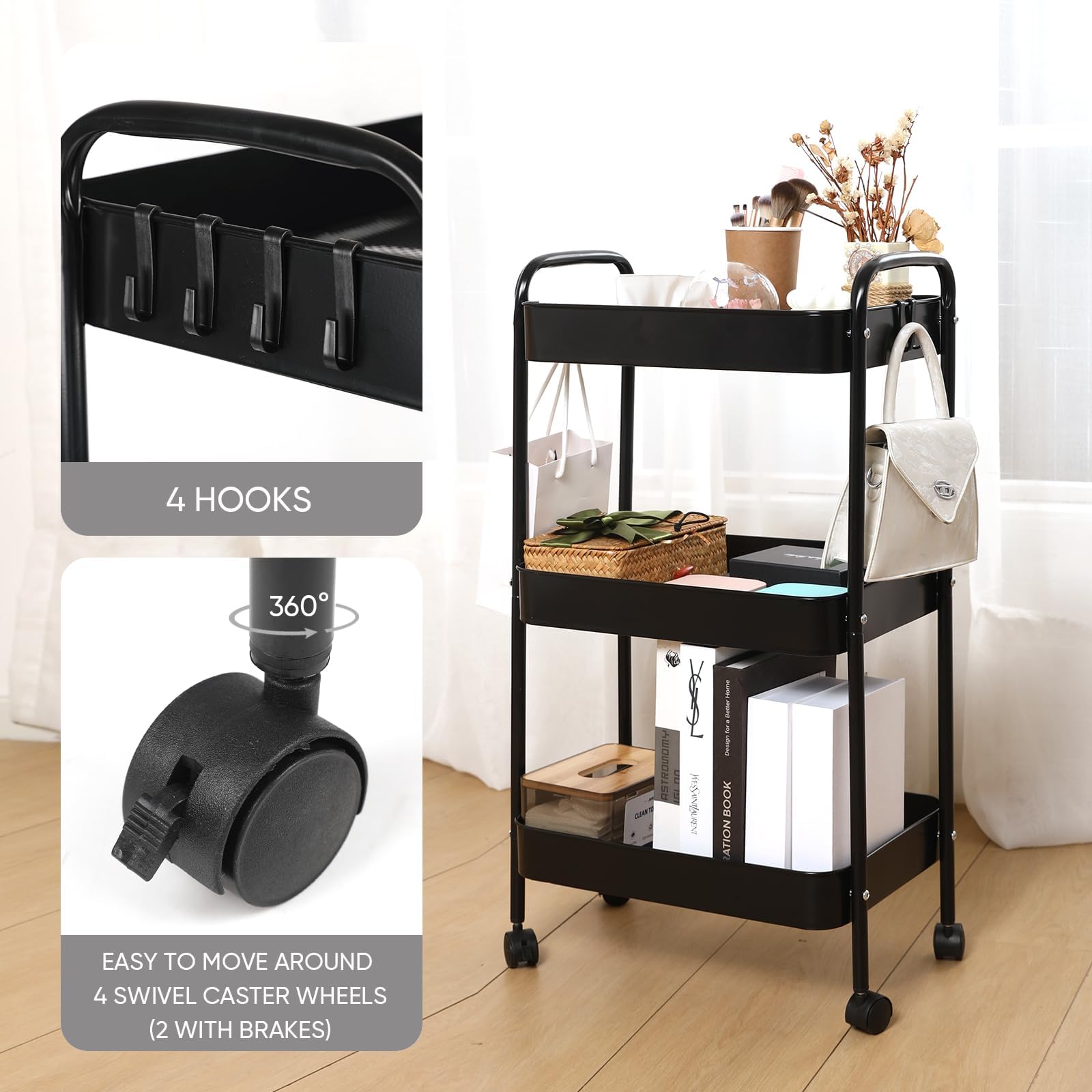 3 Tier Rolling Cart with Wheels - Heavy Duty Metal Utility Cart, Detachable Storage Organizer Trolley for Kitchen, Living Room, Office & Garage - Space Saving Mobile Storage Solution (Black) - Perfect for Organizing Pantry Items, Office Supplies, Bathroom Essentials & Garage Tools