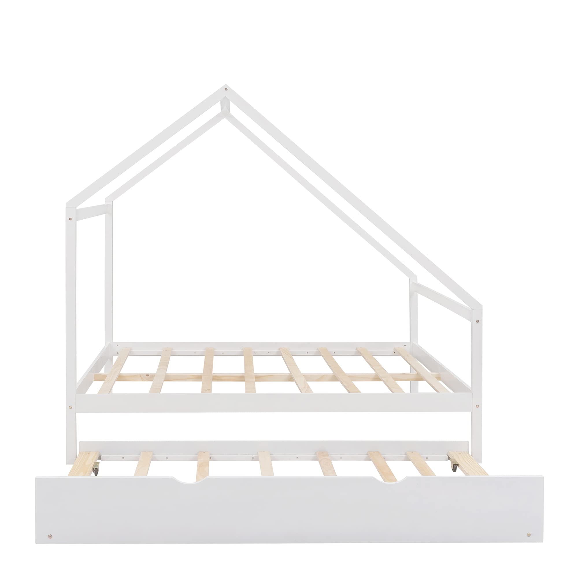 **Solid Wood House Bed Frame - Full Size Daybed with Twin Trundle, Platform Bed with Roof for Kids, Teens & Toddlers - White - Perfect for Bedrooms, Playrooms & Sleepovers**