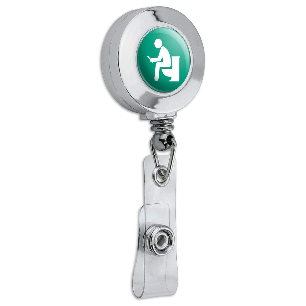 Funny Retractable ID Badge Holder with Man Pooping on Toilet Design - Chrome Reel Clip for Work, Office, or Gift (Humor Accessory)