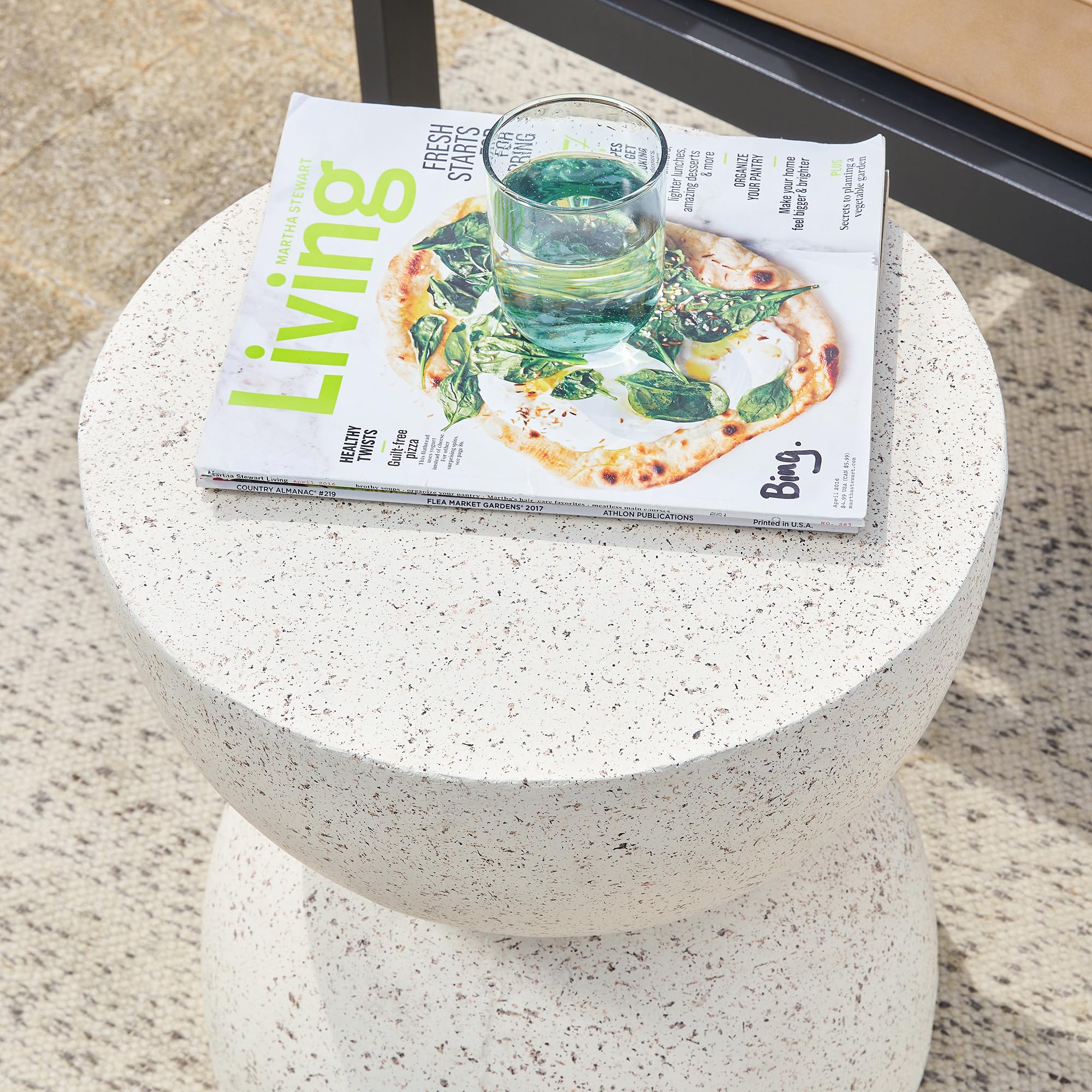Glitzhome Modern Decorative Garden Stool - 17.75 Inch Heavy Duty Patio Side Table with Faux Terrazzo Design for Indoor & Outdoor Use - Perfect as Plant Stand, Accent Table or Outdoor Seating - White