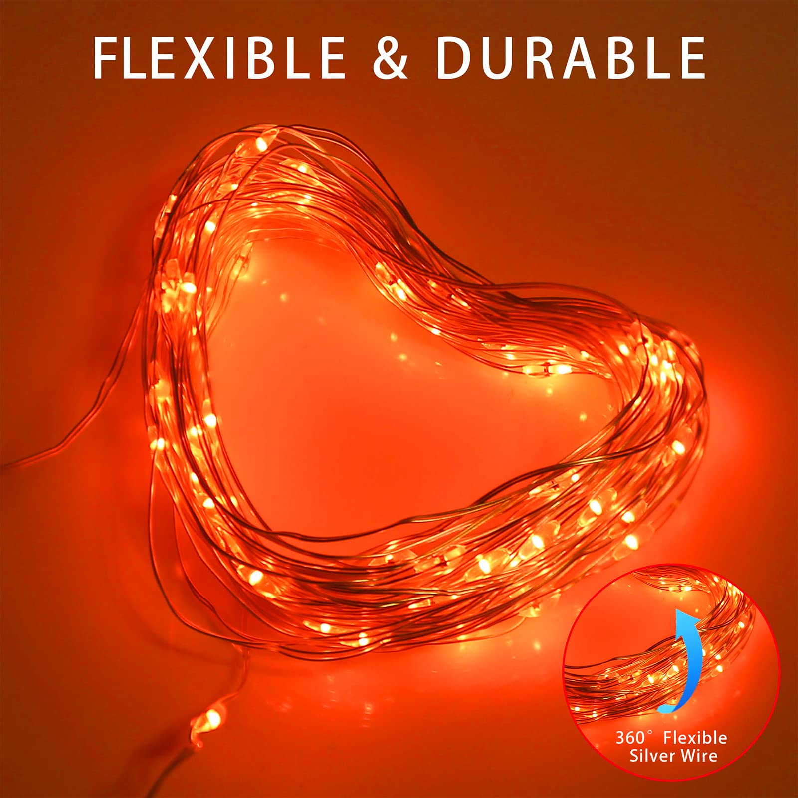 Solar Orange Copper String Lights - 2 Pack 200 LED Waterproof Fairy Lights with 8 Modes for Fall, Thanksgiving & Halloween Decor | Perfect for Porch, Garden, Patio, Fence, Balcony & Outdoor Party Lighting