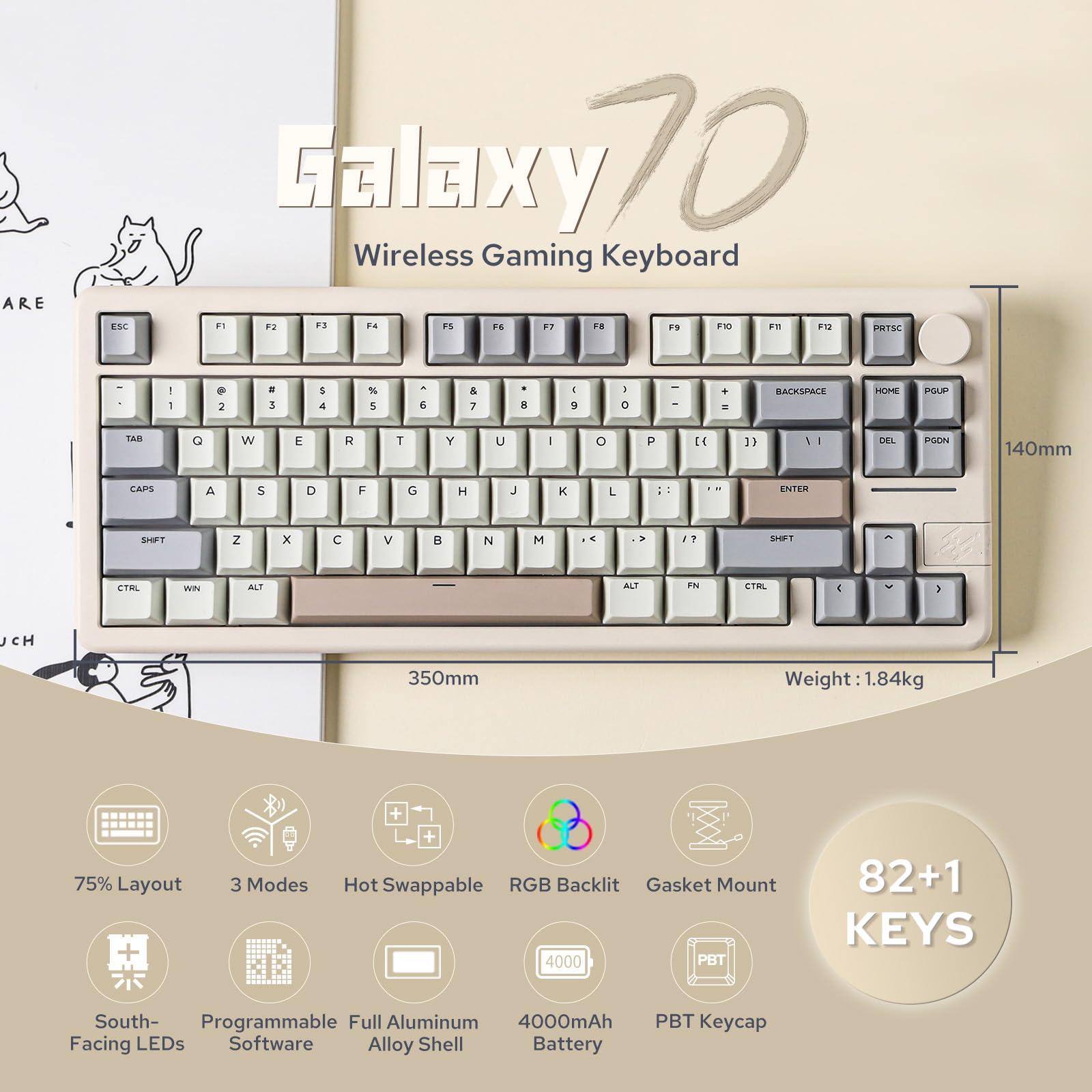 EPOMAKER Galaxy70 75% Wireless Mechanical Gaming Keyboard - Aluminum Frame, Bluetooth 5.0/2.4GHz/USB-C Wired, Hot-Swappable Petal Switch (White) - Perfect for PC Gaming, Office Work & Typing Enthusiasts