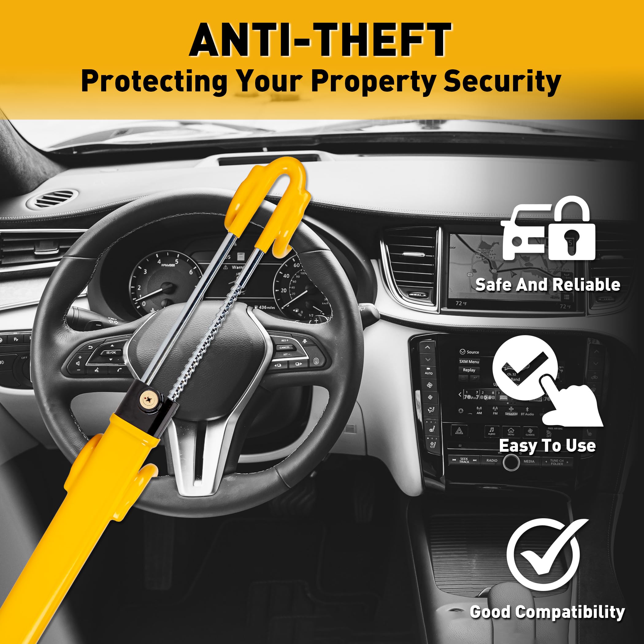 Heavy Duty Steering Wheel Lock Anti-Theft Car Security Device - Adjustable Universal Fit for Cars, Trucks, Vans & SUVs - Includes 3 Keys | Theft Deterrent for Parking Lots, Road Trips & Overnight Security