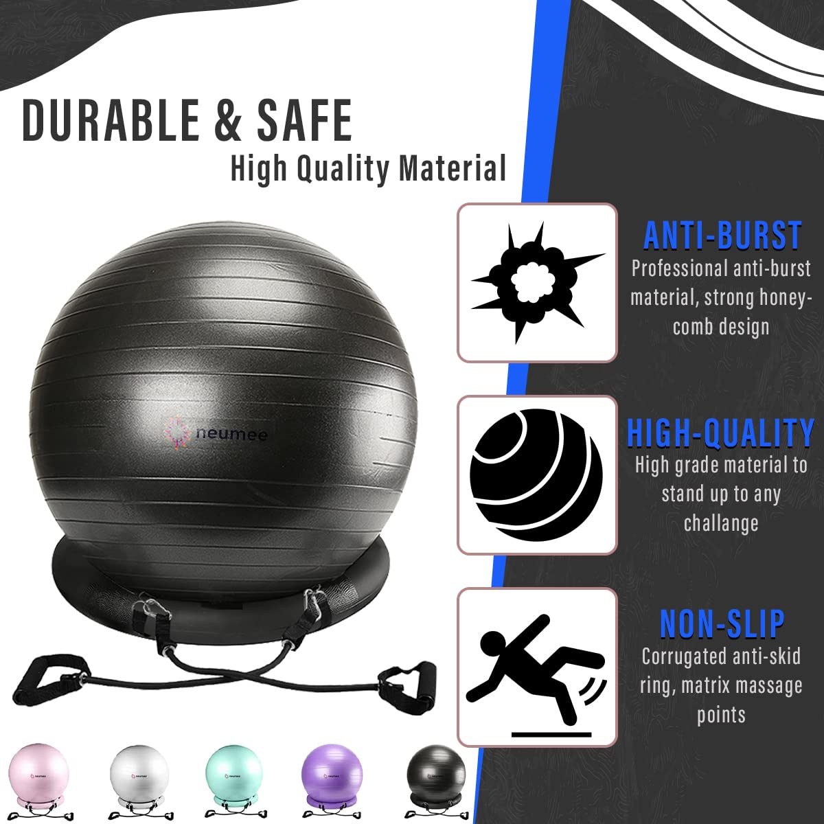Exercise Ball Chair with Resistance Bands - 65cm Yoga Ball for Office & Home Gym Workouts