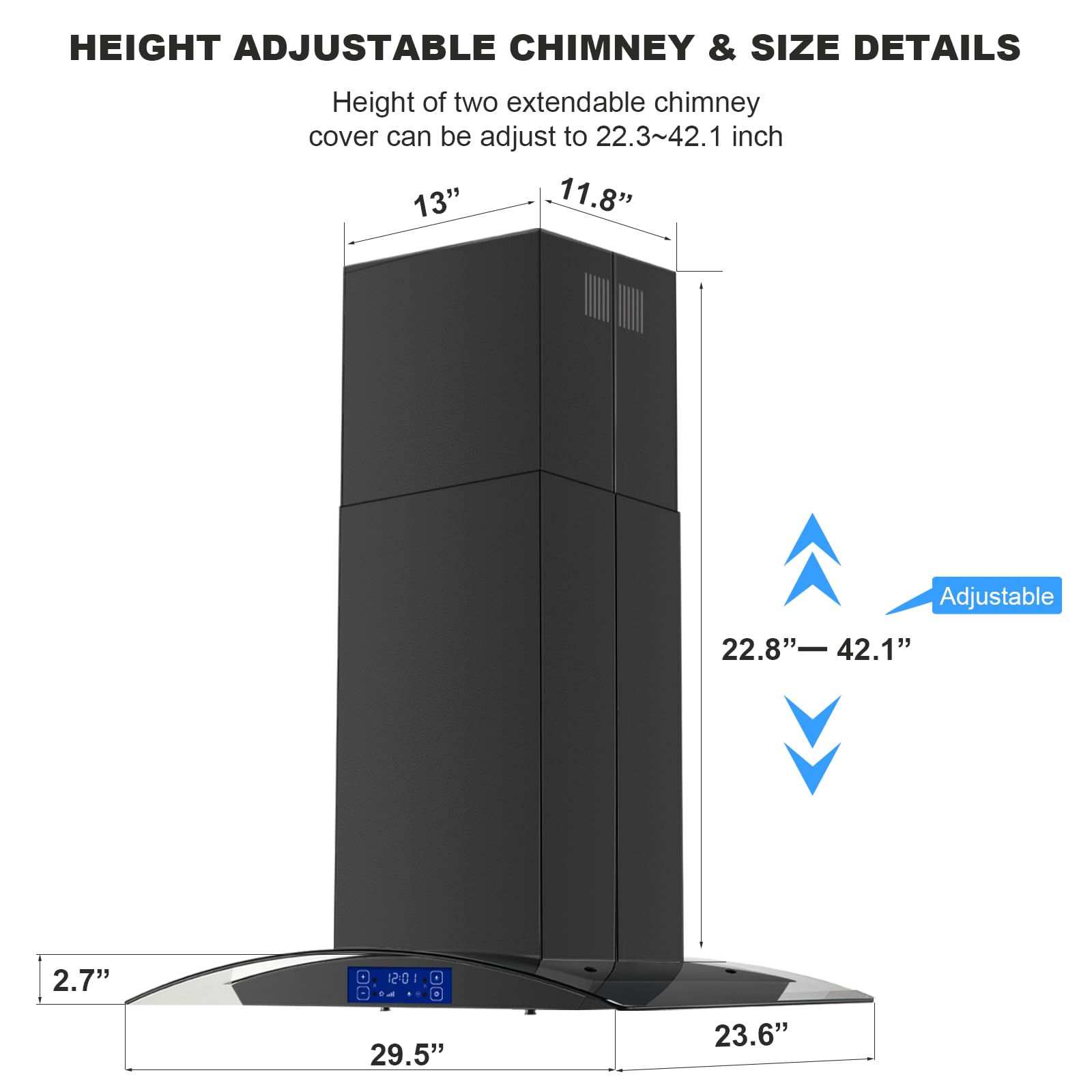 30 Inch Black Stainless Steel Island Range Hood 700CFM - Touch & Gesture Control, Convertible Kitchen Exhaust Fan with Tempered Glass, LED Lights & Permanent Baffle Filters | Modern Ceiling Mount Vent Hood for Open Kitchen & Restaurant Style Cooking