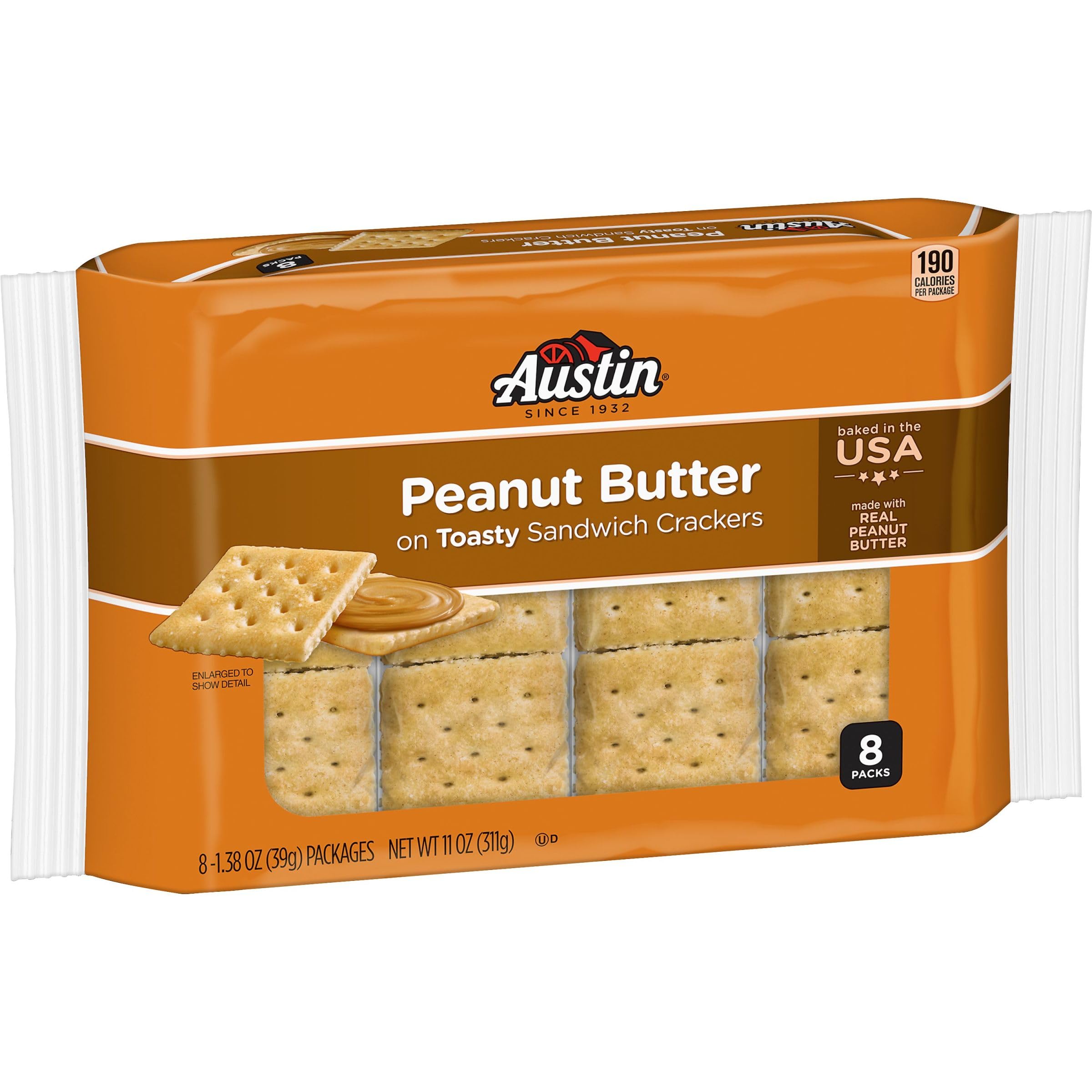 Austin Sandwich Crackers - Peanut Butter Filled Snack Crackers, 11oz Tray (8 Packs) | Single Serve Office Snacks & Kids Lunch Box Treats | Perfect for School, Work & On-the-Go Snacking