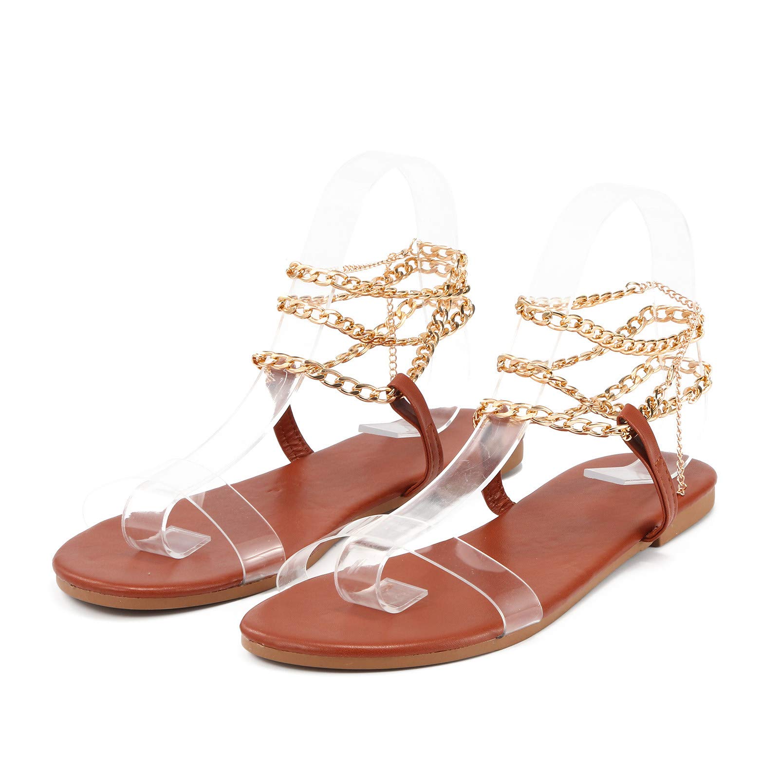 Women's Dressy Flat Sandals with Clear Strap & Chain Detail - Comfortable Summer Strappy Sandals for Casual Outings, Beach, and Evening Wear - Size 10