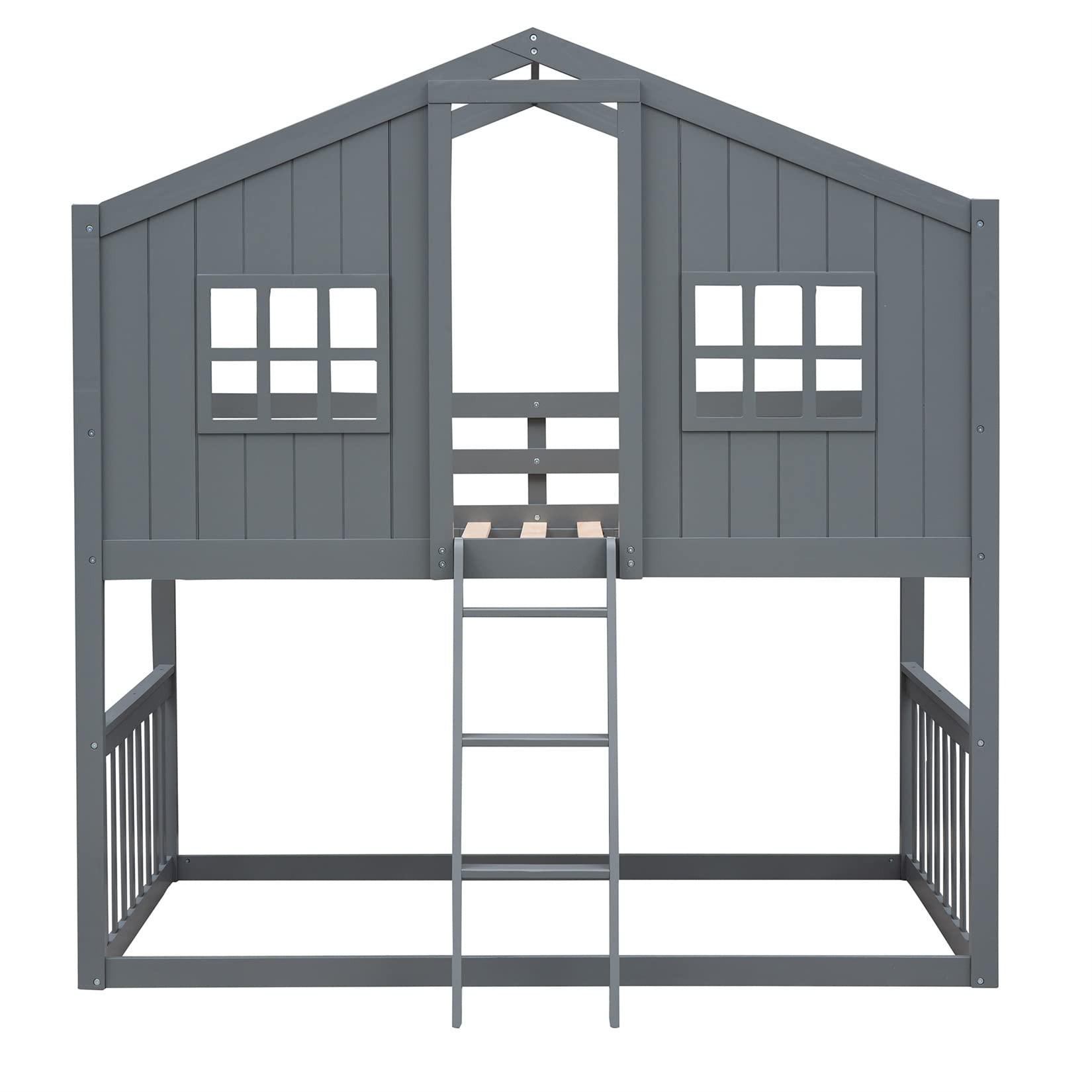Bellemave Twin Over Twin Low Bunk Beds - Wooden Playhouse Loft Bed Frame for Kids, Boys, Girls & Teens - Space-Saving Gray Bunk Bed for Small Rooms, Shared Kids Bedroom & Sleepovers