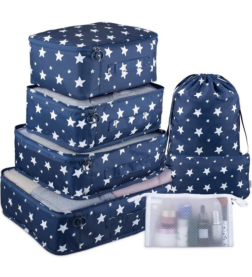 7-Piece Travel Packing Cubes Set with Toiletry Bag - Navy & Star Luggage Organizers for Suitcases | Perfect for Business Trips, Vacations & Weekend Getaways