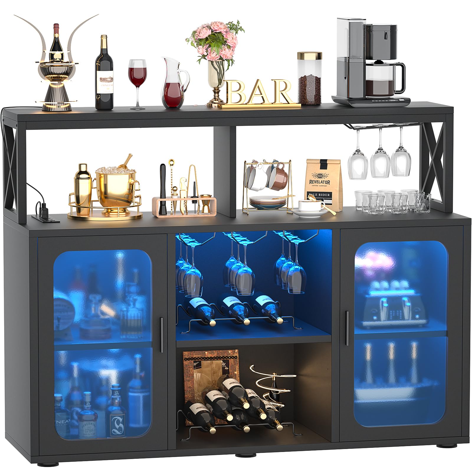 Aheaplus Modern Bar Cabinet with Power Outlets & LED Lights - Wine Storage Cabinet with Glass Holder, Adjustable Shelves & Built-in Racks - Black Buffet Cabinet for Home Bar, Dining Room or Kitchen