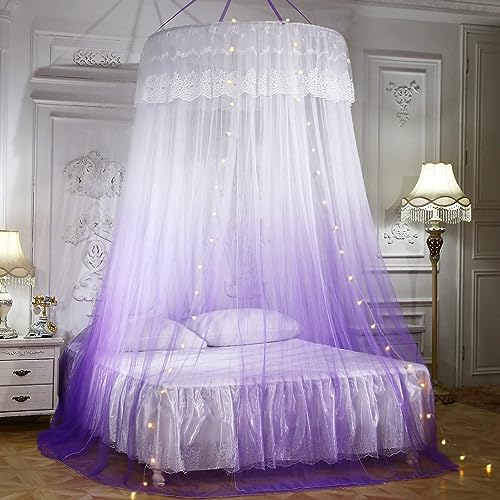 Elegant Pink Mosquito Net Bed Canopy with Lights - Round Dome Bed Curtain for Bedroom Decoration, Perfect for Romantic Nights & Boho Chic Home Decor