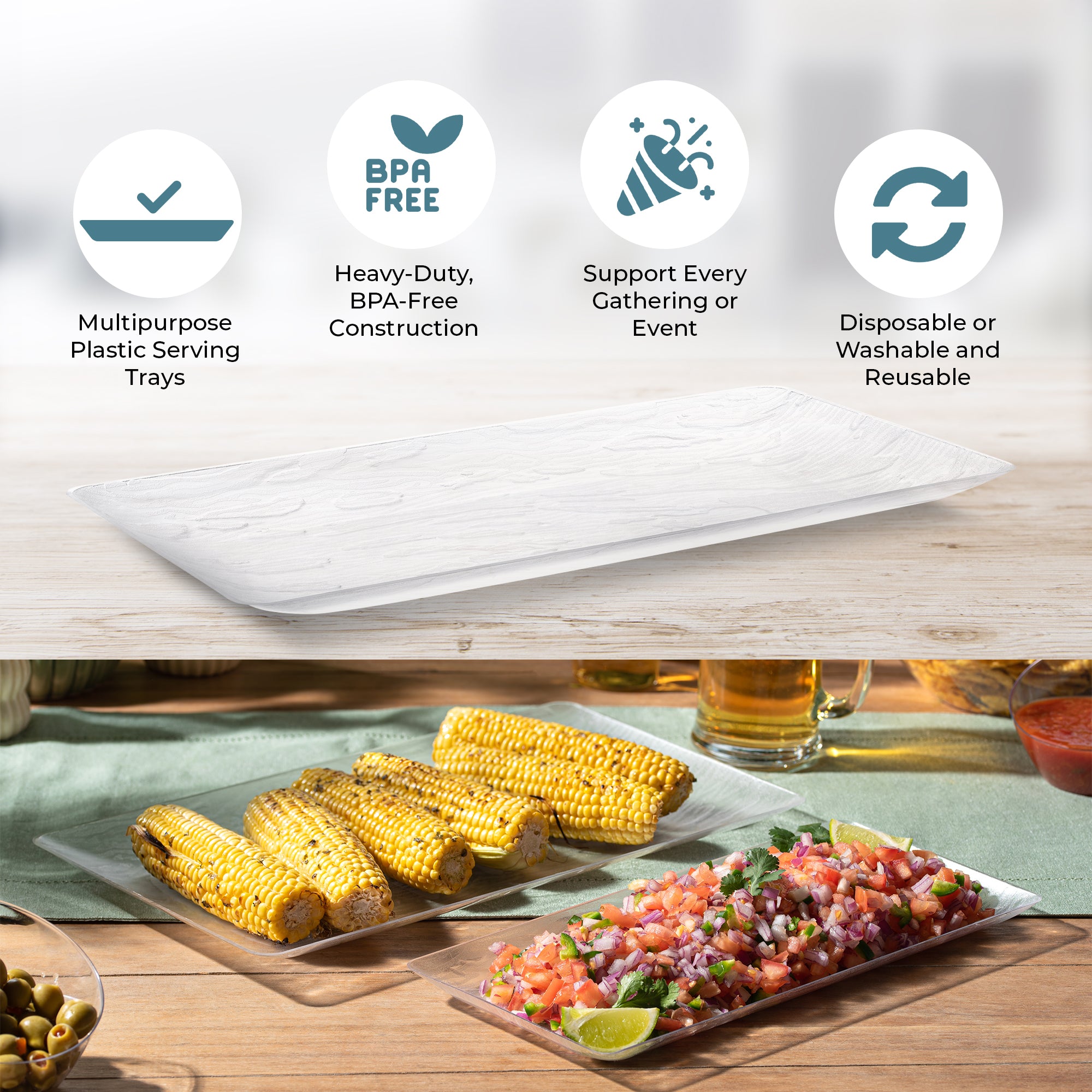 6.25 x 14 Inch Clear Acrylic Serving Trays - Set of 5 Rectangle Party Buffet Trays for Appetizers, Desserts, and Entertaining