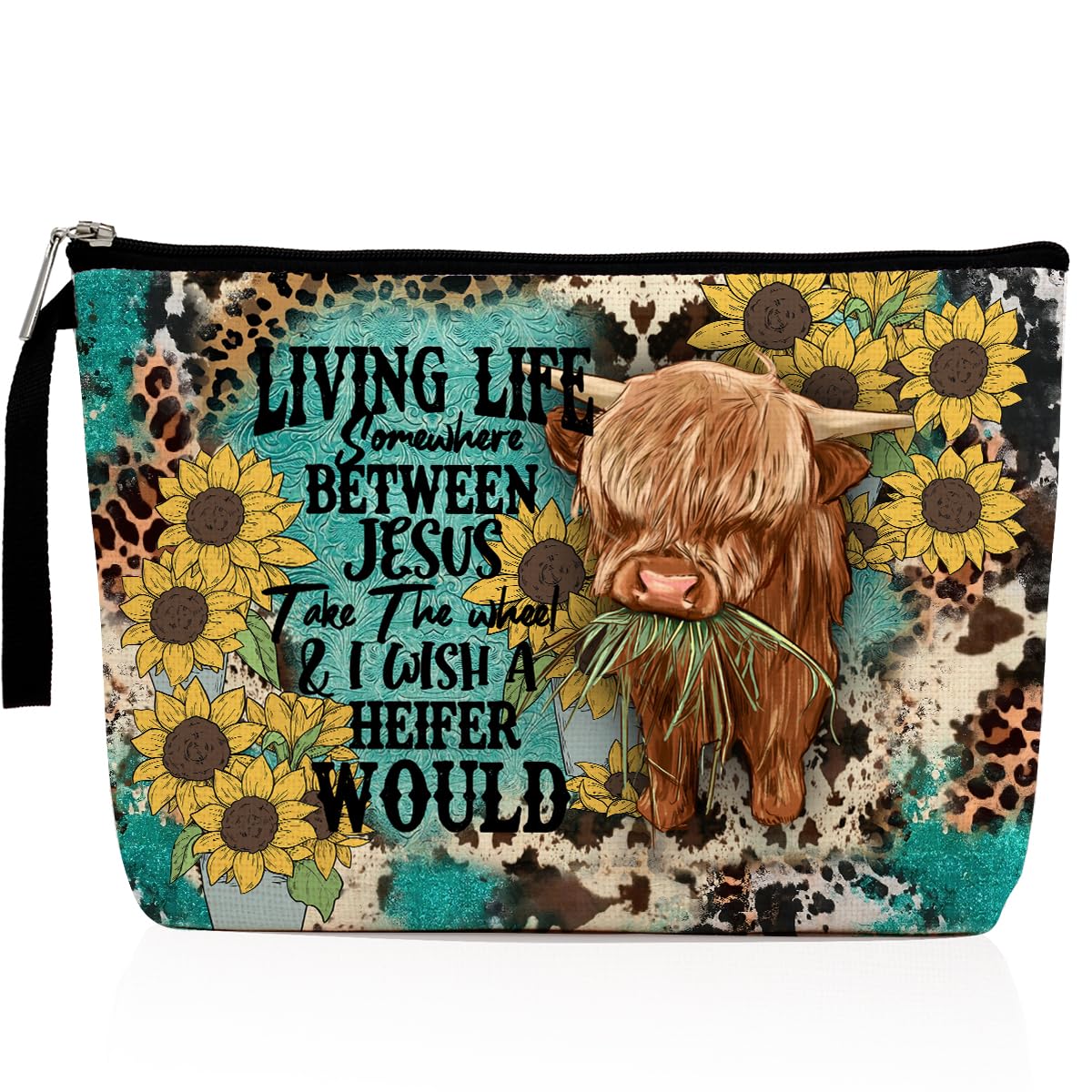Western Cow Print Makeup Bag - Christian Faith Cosmetic Pouch for Women, Country Girls Gift, Travel & Daily Use Zipper Pouch - Perfect for Birthday, Graduation & Western Theme Parties