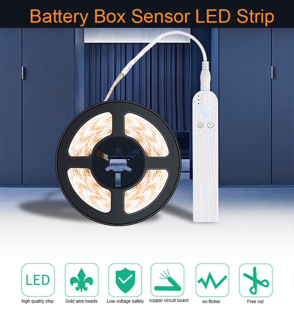 Battery Powered LED Under Cabinet Light Strip with Motion Sensor - 5V Waterproof Smart Night Light for Bed, Stairs, Wardrobe, Closet (2M, Warm White) - Perfect for Nighttime Safety & Home Decor