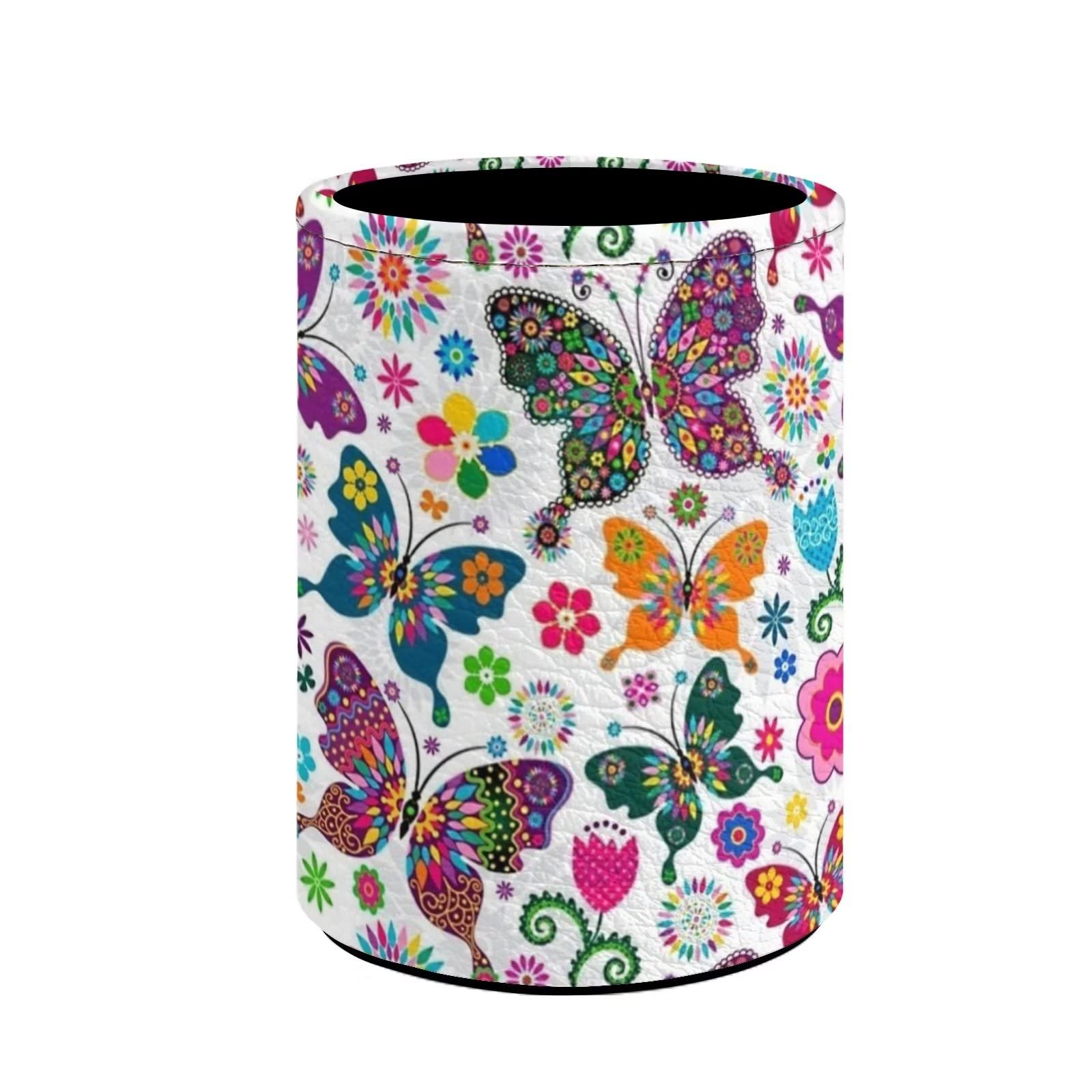 Colorful Butterfly PU Leather Pen Holder & Makeup Brush Organizer - Girls Women Pencil Holder Stationery Desk Organizer for School, Office & Home Decor | Perfect for Desk Organization, Makeup Storage & Gift Giving