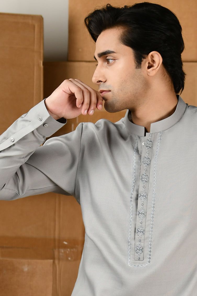 Elegant Blended Grey Shalwar Kameez by J. Junaid Jamshed - Premium Pakistani Traditional Outfit for Men - Perfect for Weddings, Eid & Special Occasions