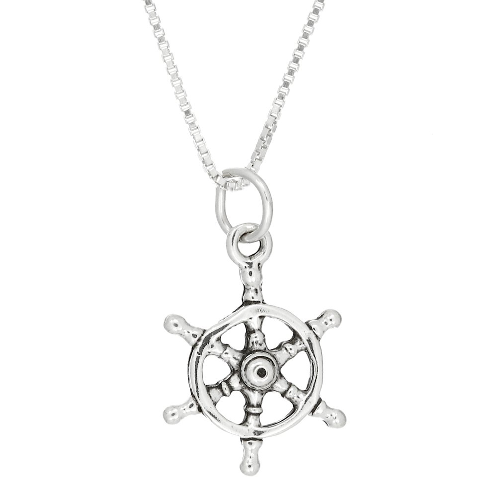 LGU Sterling Silver Pirate Ship Captain Wheel Charm Necklace - Nautical Jewelry for Women - Perfect for Pirate Themed Parties, Costume Accessories & Gifts