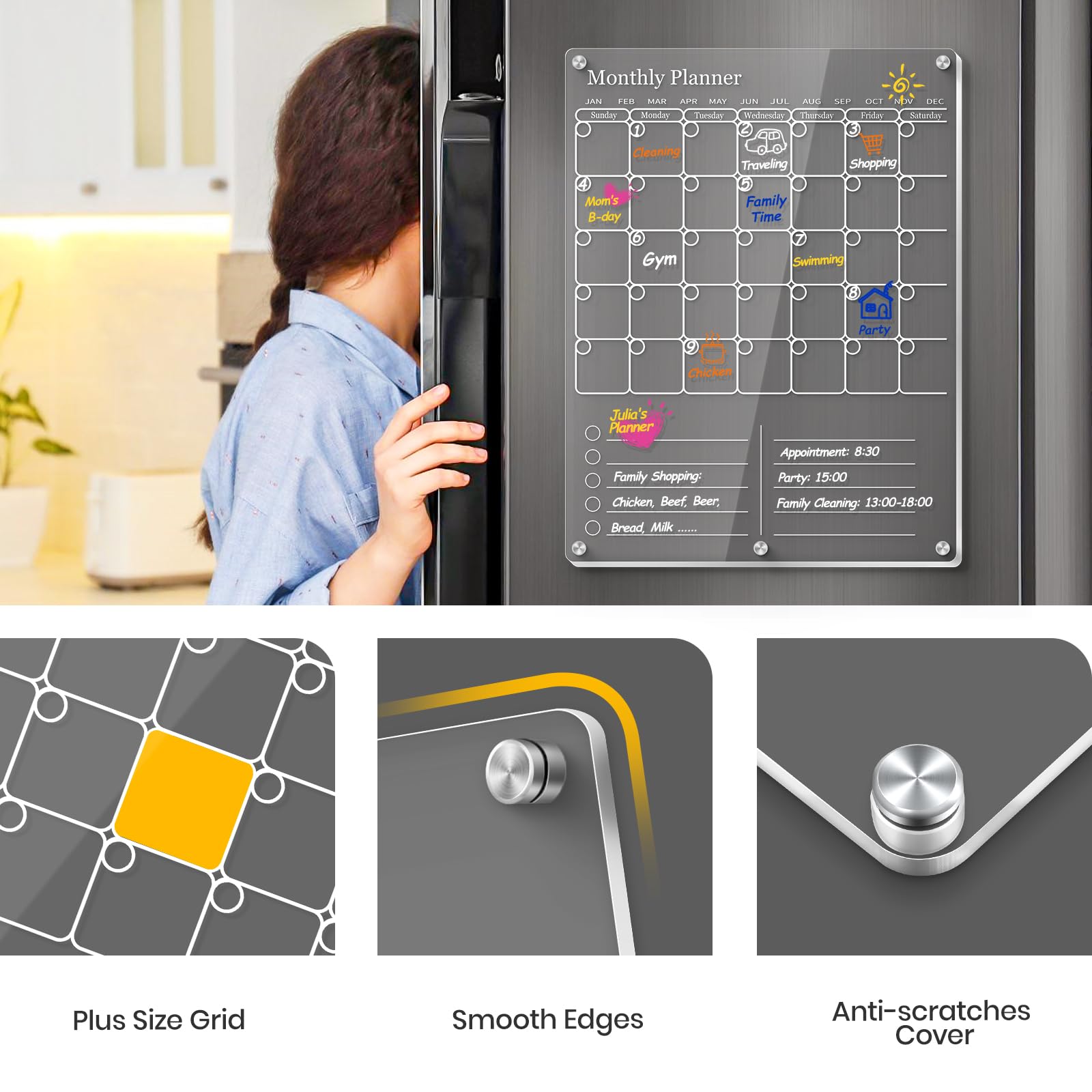 IDEATECH 2025 Magnetic Fridge Calendar Planner - 2-in-1 Clear Dry Erase Board for Refrigerator with Monthly & Weekly Layout - Grocery List & Family Organizer Whiteboard Magnet (White) - Perfect for Kitchen Organization & Family Scheduling