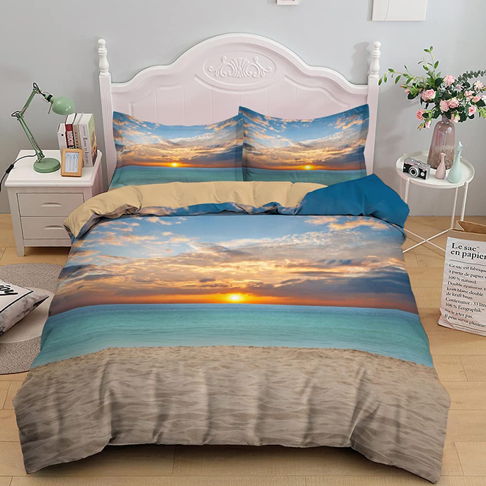 YJDCX Beautiful Sunset Scenery Duvet Cover Set - Sunny Beach Blue Bedding Set for Queen/King Size (228x228cm) - 3PCS Coastal Decor for Adult Women's Bedroom - Perfect for Beach House, Vacation Home & Boho Chic Bedroom Decor