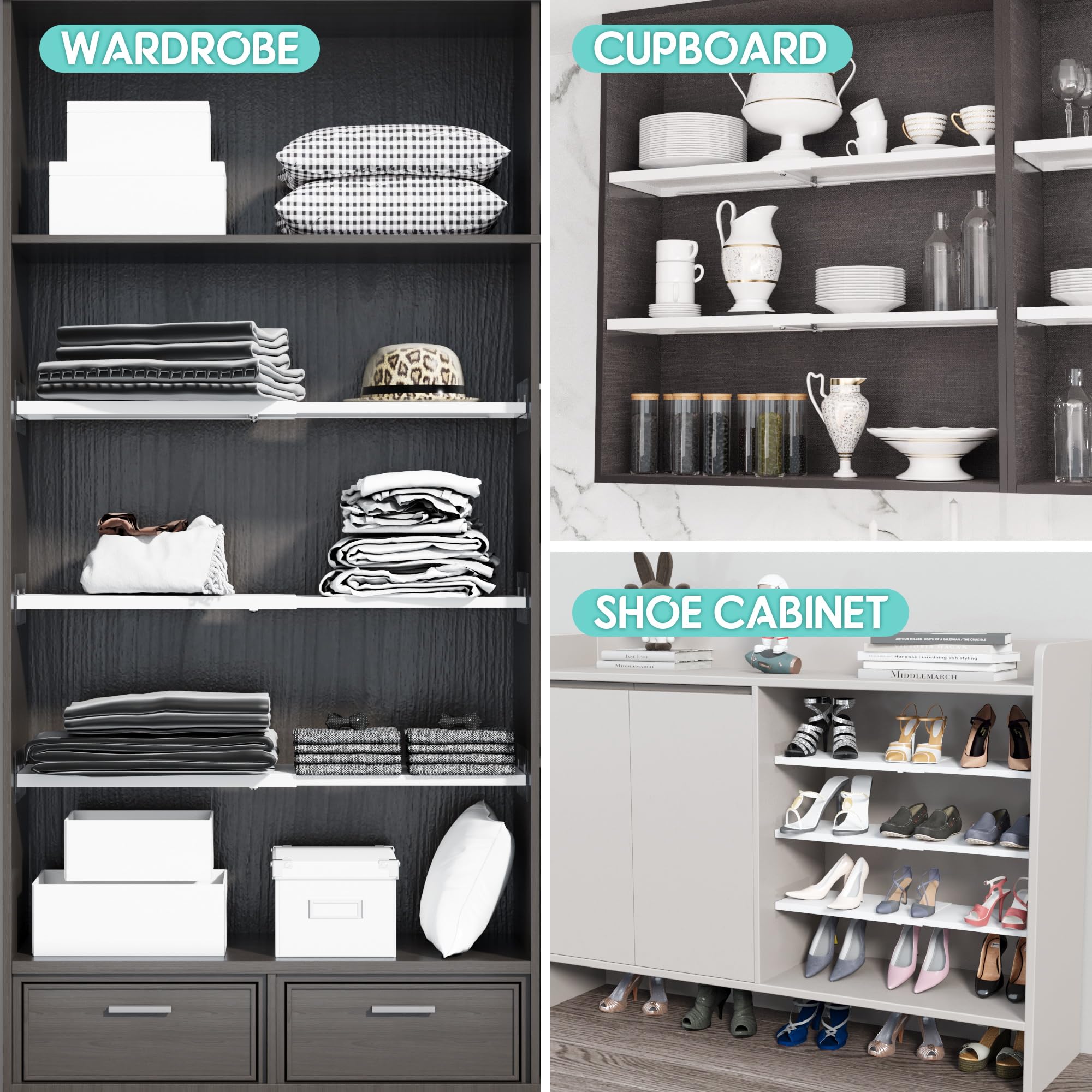 2-Pack Adjustable Closet Shelves Organizer - Expandable Closet Tension Shelf Storage Rack for Wardrobe, Cabinet, Kitchen & Bathroom - Space Saving Shelving System for Home Organization (Perfect for Small Spaces, Apartments & Dorm Rooms)