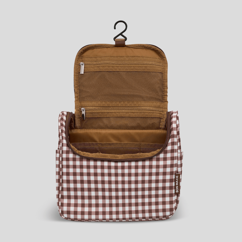 Bon Voyage Travel Toiletry Bag - Waterproof Hanging Cosmetic Organizer with Chocolate Gingham Pattern | Perfect for Vacation, Business Trips & Camping Essentials