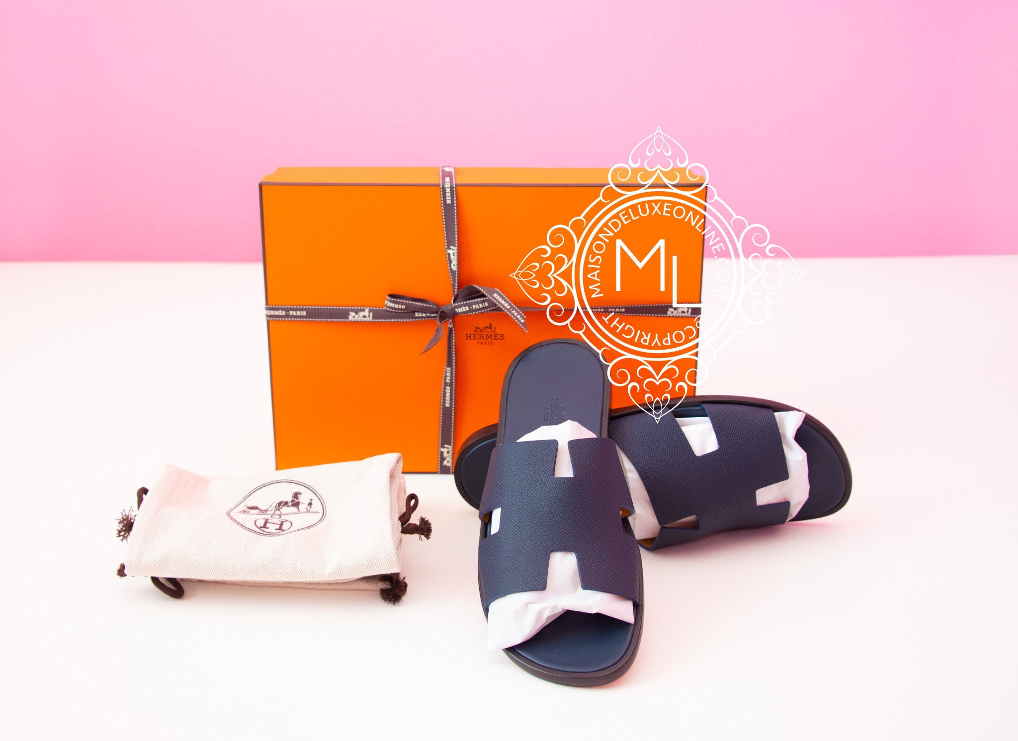 Hermes Men's Marine Blue Izmir Sandal Size 44 - Luxury Leather Summer Slides for Beach, Pool & Casual Wear