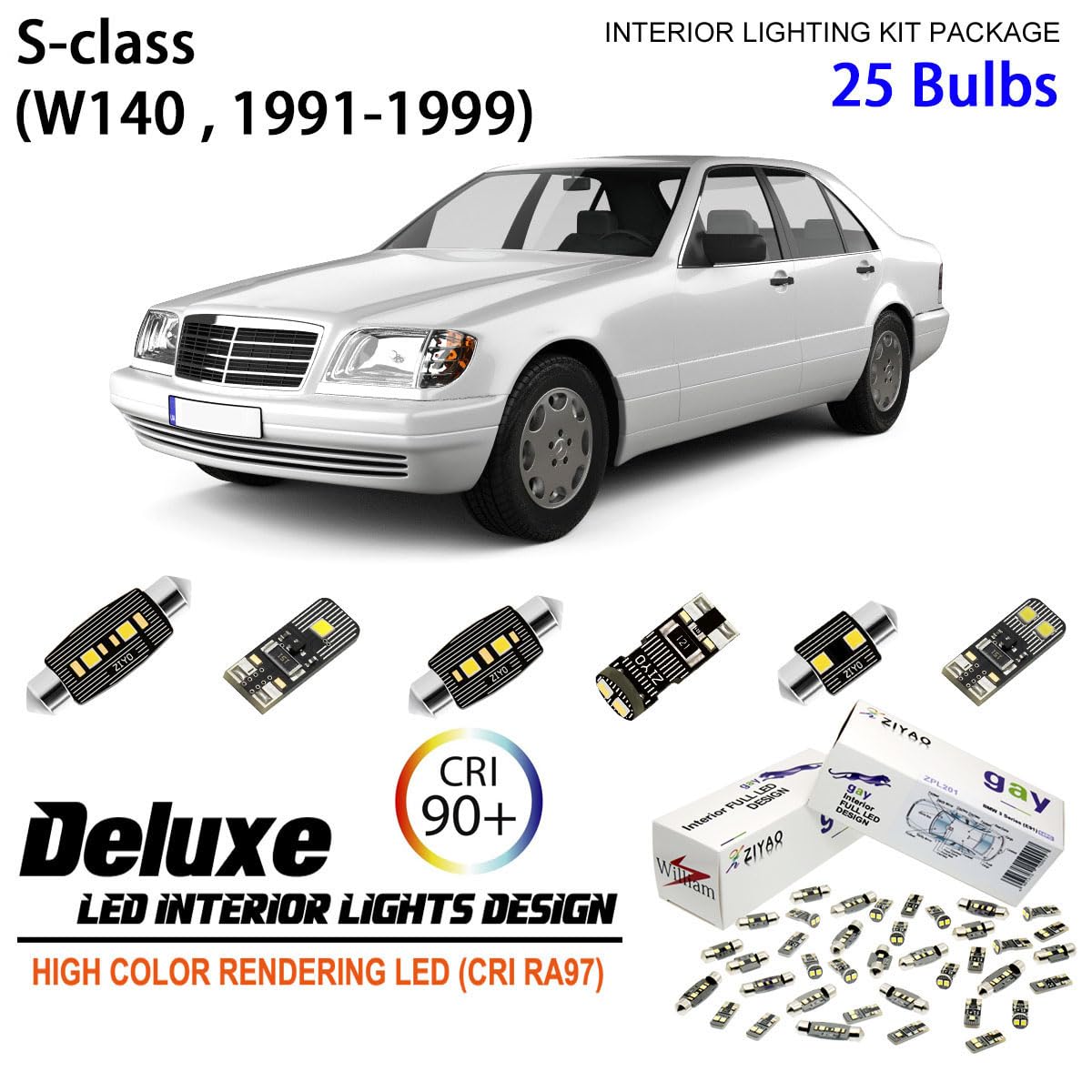 ZIYO ZPL5140 - 25pcs 6000K Xenon White LED Interior Light Bulbs Kit for Mercedes Benz S Class W140 (1991-1999) - Error Free Dome Light Upgrade - Perfect for Night Driving & Interior Lighting Enhancement