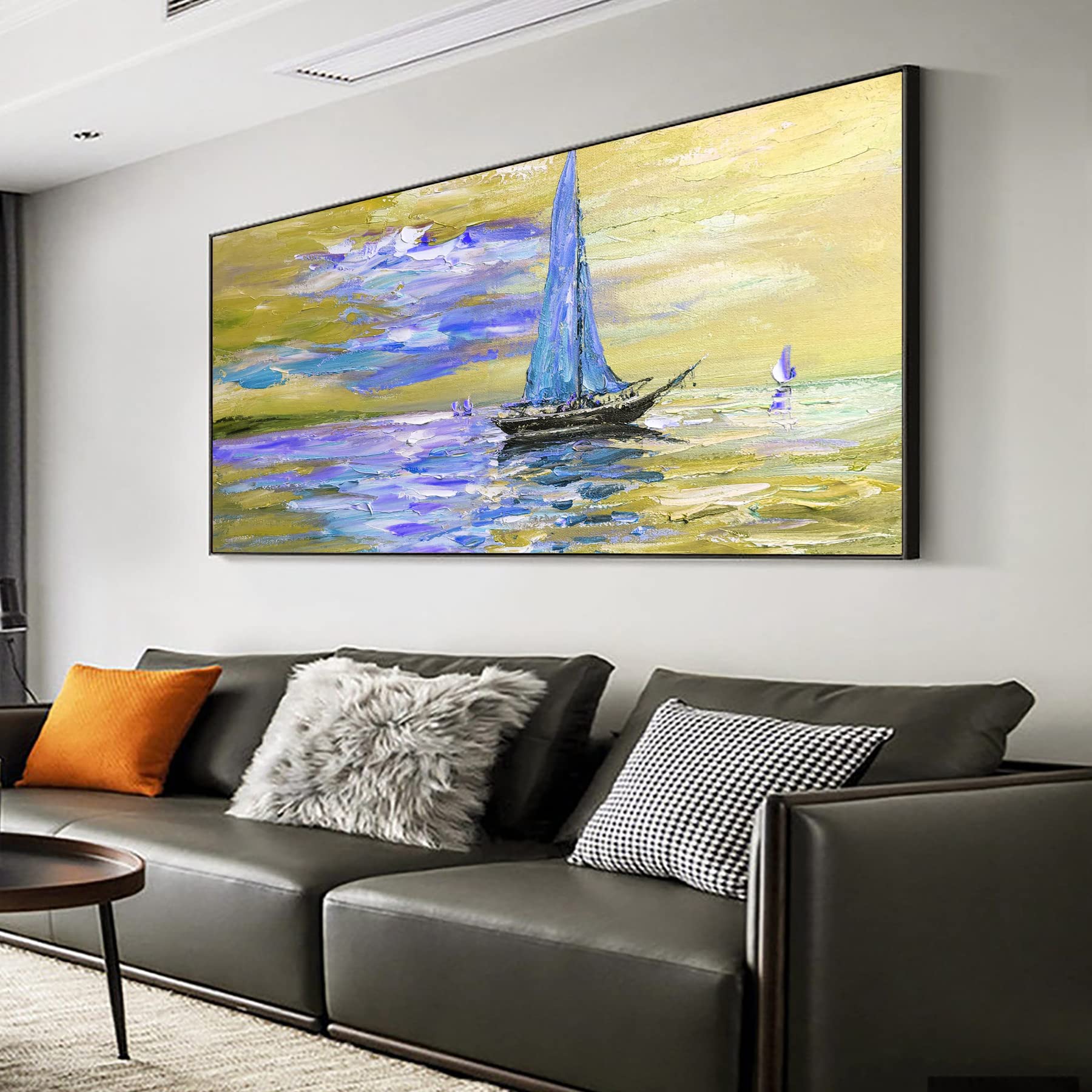 Hand-Painted Original Beach Oil Painting - 60x30 Inch Abstract Ocean Wall Art for Living Room Decor | Gold Coastal Artwork | Unframed Canvas Painting | Perfect Christmas Gift for Men | Ideal for Home, Office & Coastal-Themed Spaces