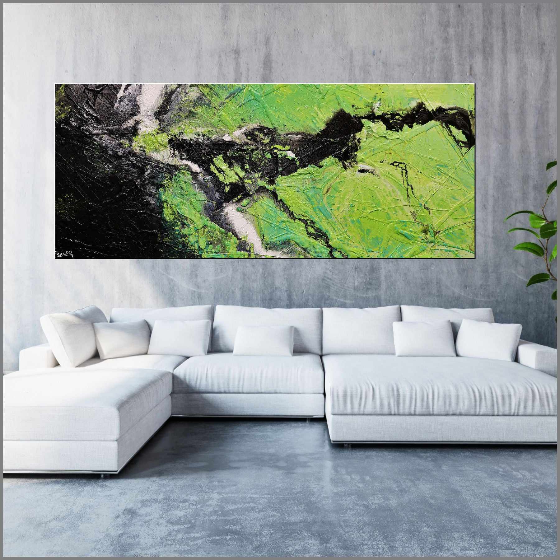 240cm x 100cm Mint Green & Black Abstract Textured Canvas Wall Art - Modern Home Decor for Living Room, Bedroom or Office