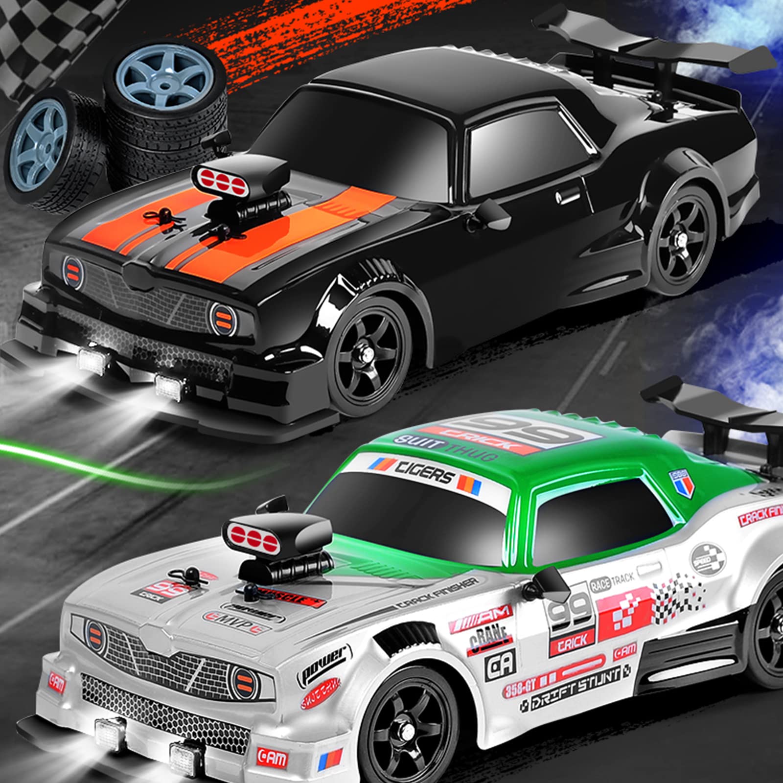 1/16 Scale 2.4GHz 4WD Remote Control Drift Car - 18KM/H High Speed Rechargeable RC Racing Car with LED Lights, Spray Effect, 2 Batteries & Extra Tires - Perfect for Kids Outdoor Play, Backyard Racing, and Drift Competitions