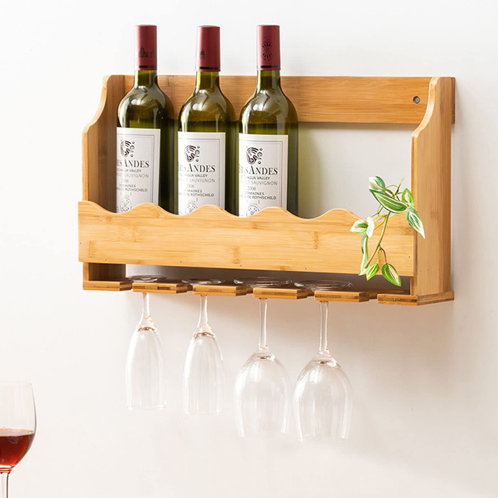Wall Mounted Wine Rack - Solid Wood Wine Bottle Storage & Stemware Holder for 5 Bottles + 4 Glasses - Perfect for Kitchen, Living Room & Party Display - Space Saving Home Bar Organizer