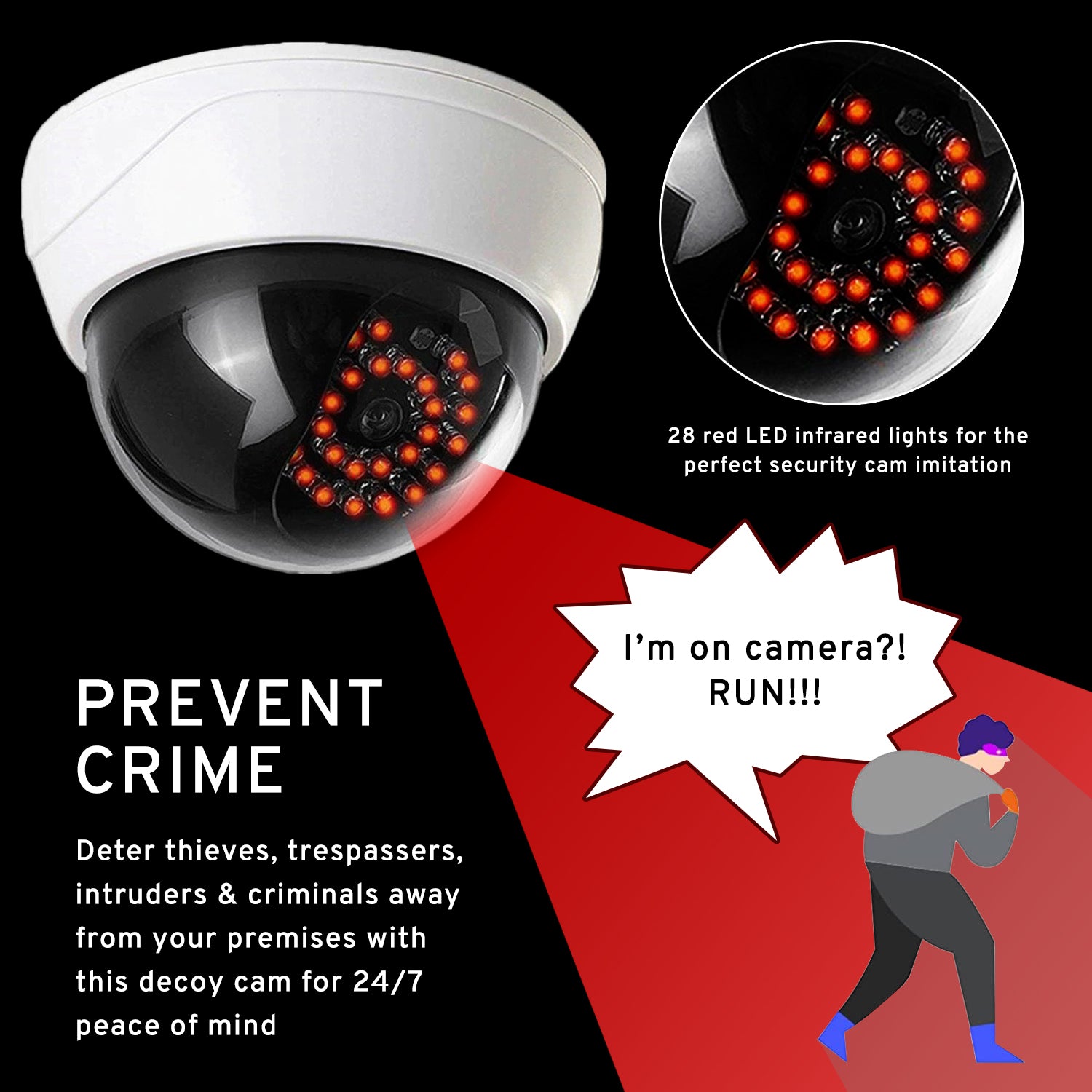Dummy CCTV Dome Security Camera with 28 Red LED Lights - Fake Surveillance Camera for Home, Office & Business Security