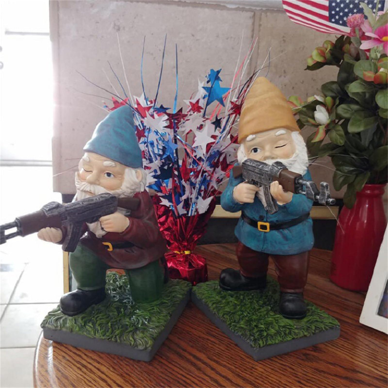 Funny Armed Garden Gnomes Statues - Red Soldier Gnome with Gun for Outdoor Yard Decor | Perfect for Garden Warfare Theme, Backyard Displays & Unique Lawn Ornaments