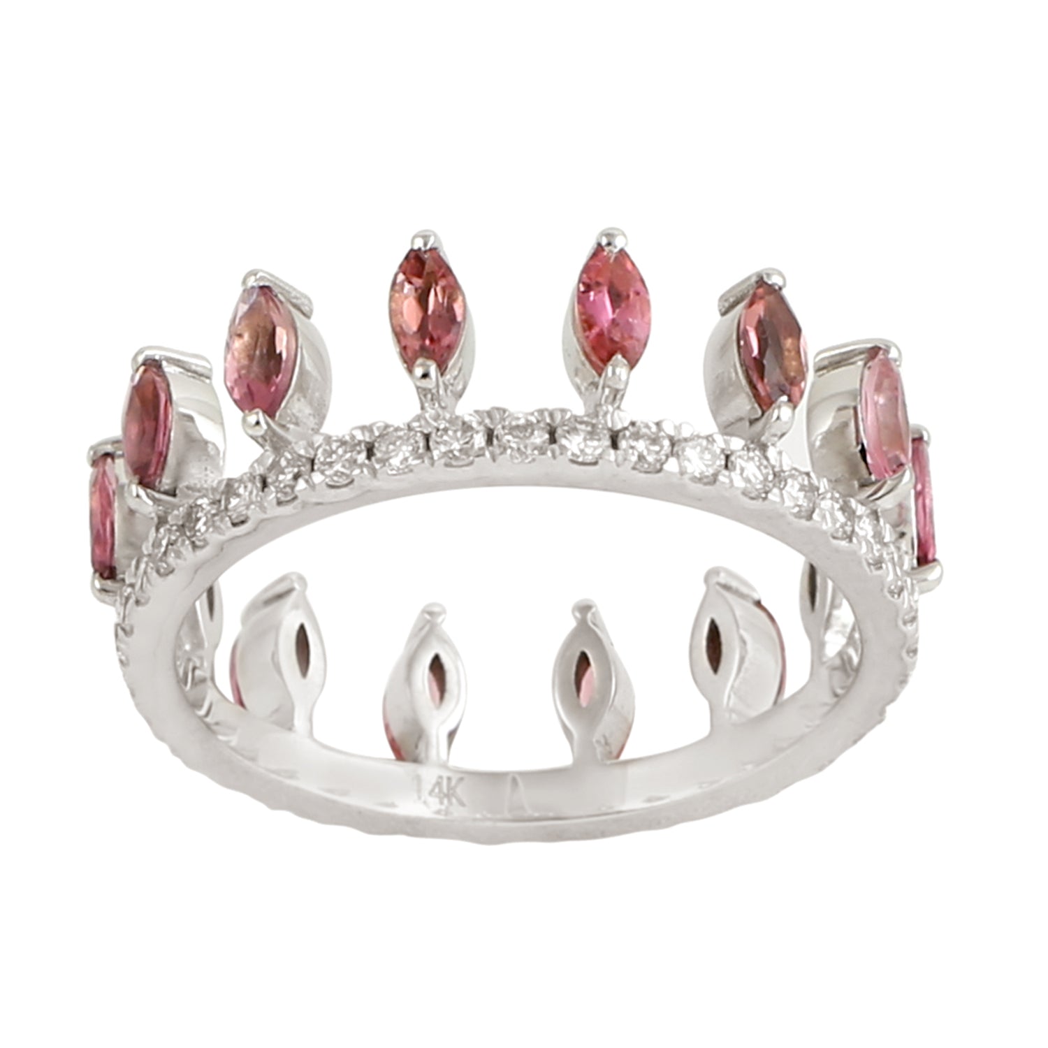 14K White Gold Marquise Pink Tourmaline and Diamond Pave Tiara Band Ring - Elegant Bridal Jewelry for Weddings, Prom & Special Occasions