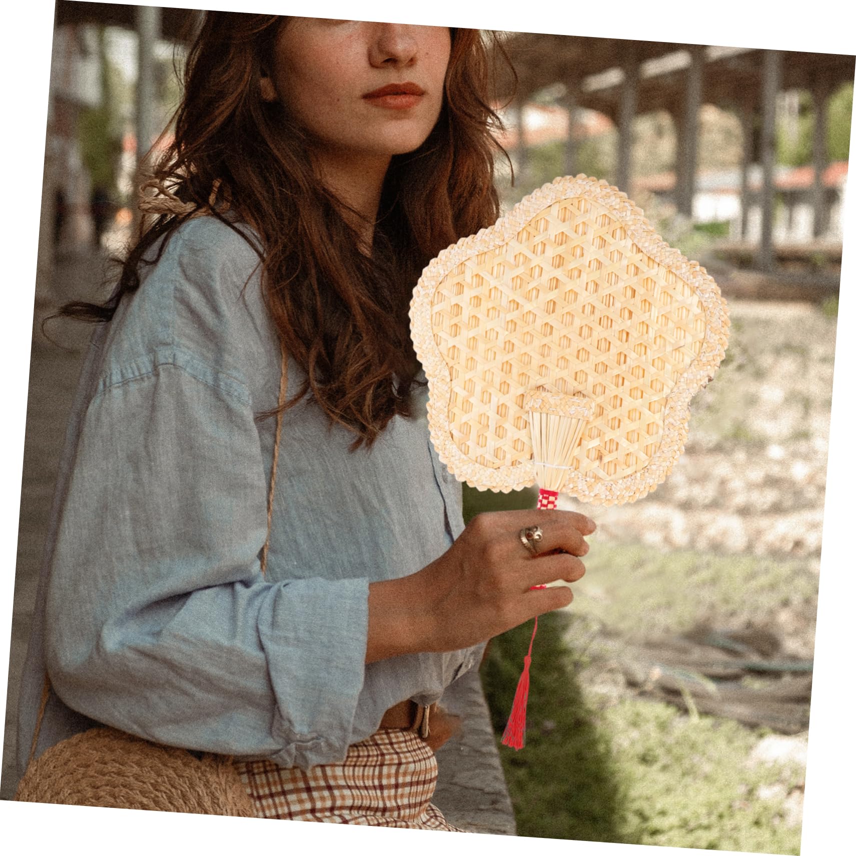 ABOOFAN Natural Hand Fan - Chinese Woven Straw Handheld Cooling Fan with Handle for Wedding, Photo Props & Summer Outdoor Use