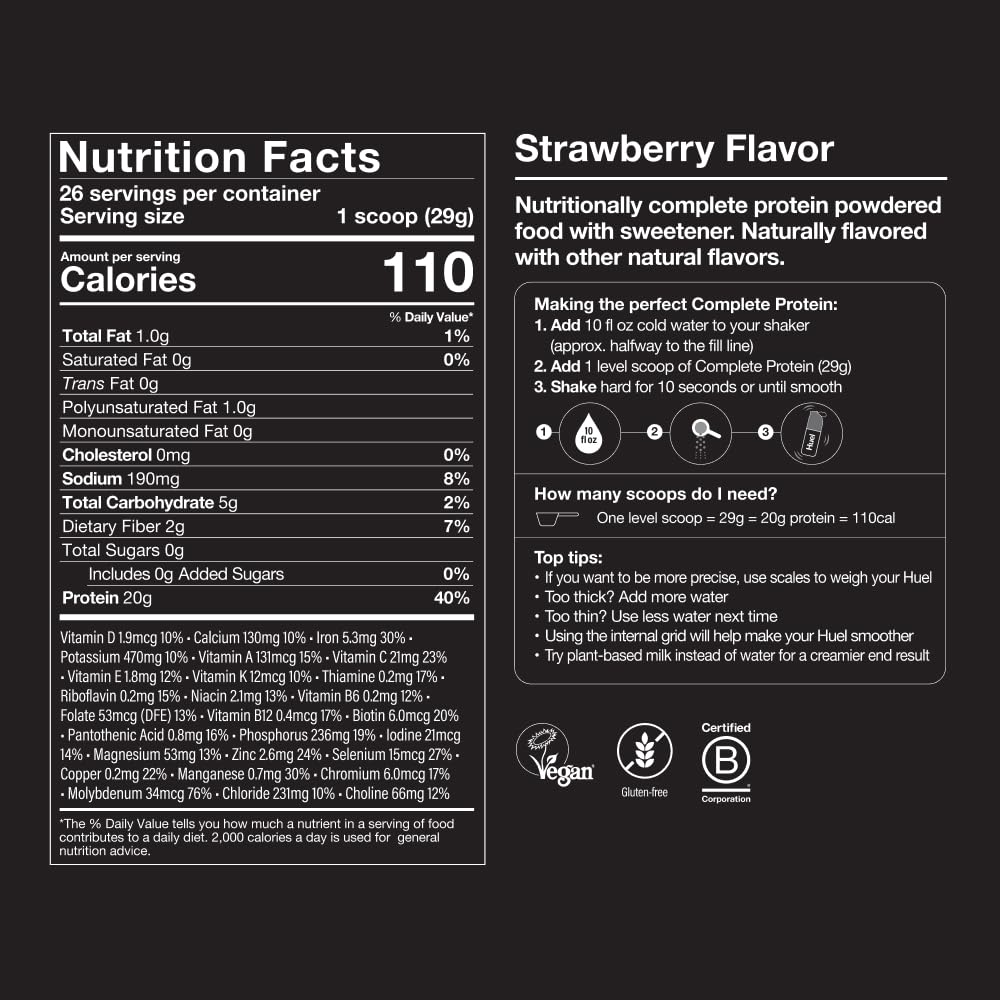 Huel Vegan Protein Powder - Strawberry Flavor | 20g Plant-Based Protein per Serving | Complete Nutrition with 27 Vitamins & Minerals | Gluten Free, Non-GMO, Lactose Free (26 Servings) | Perfect for Smoothies, Post-Workout Recovery & Meal Replacement