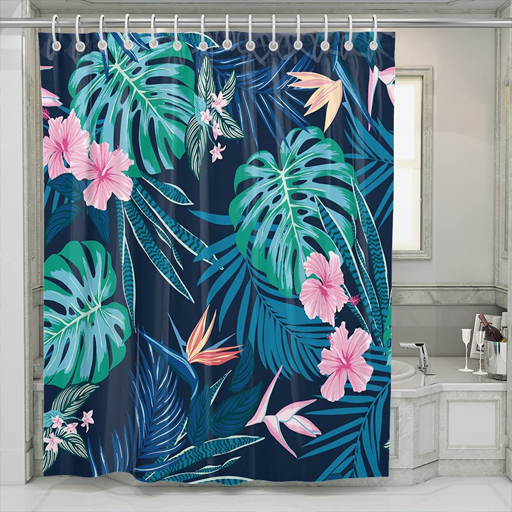 KELEMO Tropical Botanical Shower Curtain - Monstera Leaf Palm Leaves with Bird of Paradise & Hibiscus Flowers - Waterproof Bathroom Decor 66x72 Inch - Perfect for Beach House, Boho Chic or Spa Style Bathrooms