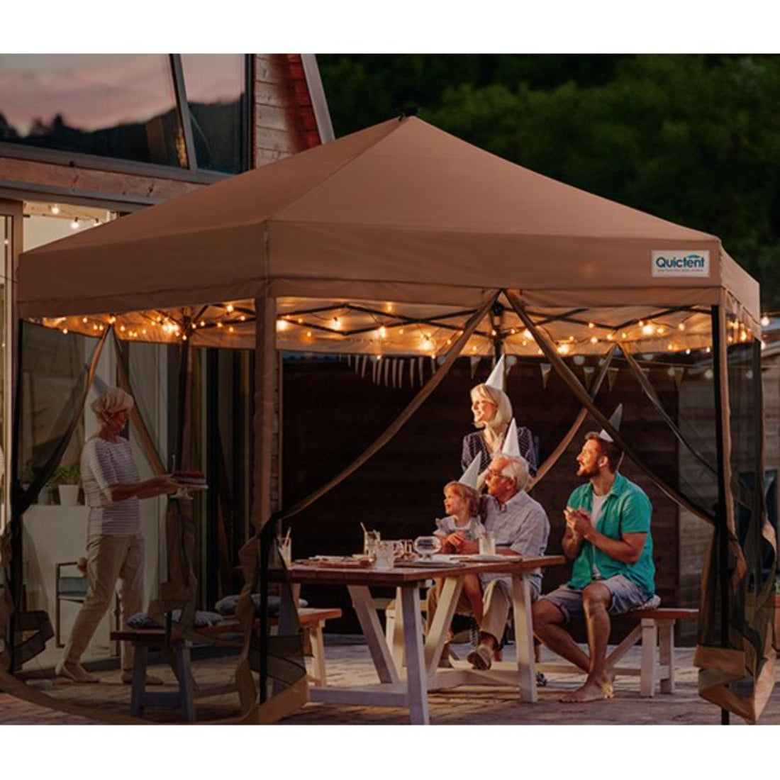 13' x 13' Hexagonal Pop Up Canopy Tent with Mesh Netting & LED Lights for Outdoor Parties, Camping, and Beach Events