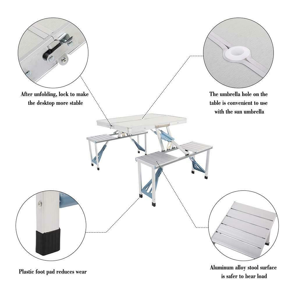 Portable Aluminum Folding Camping Picnic Table Set with 4 Bench Chairs - Lightweight Outdoor Dining for Camping, Backyard, Beach & Tailgating