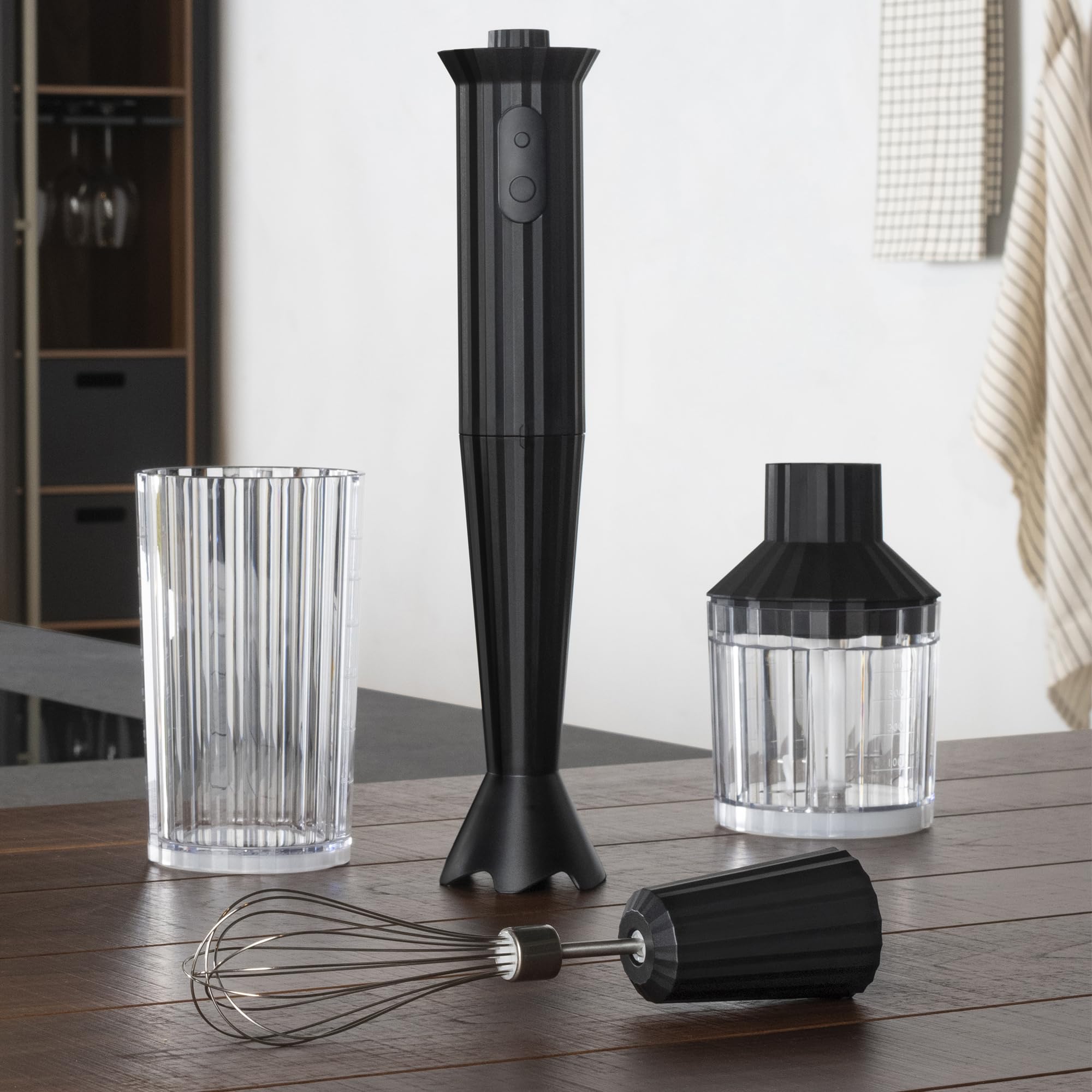 Alessi Plissé MDL10SB/US - 200W Hand Blender with Measuring Jug, Whisk & Chopper - Black Thermoplastic Resin - US Plug - Perfect for Smoothies, Soups & Baby Food Preparation
