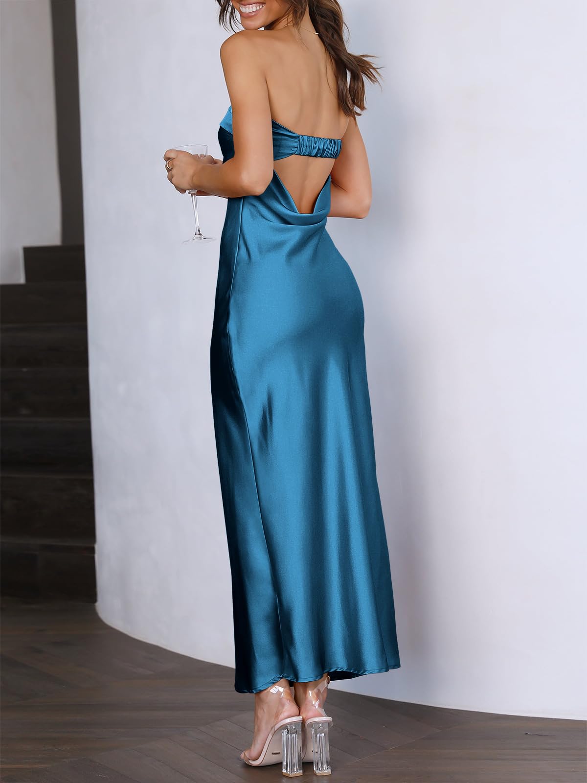 Caracilia Women's Strapless Satin Tube Bodycon Maxi Dress - Backless Formal Gown for Wedding Guest, Prom, Cocktail Party & Special Occasions | 2025 Spring Summer Collection