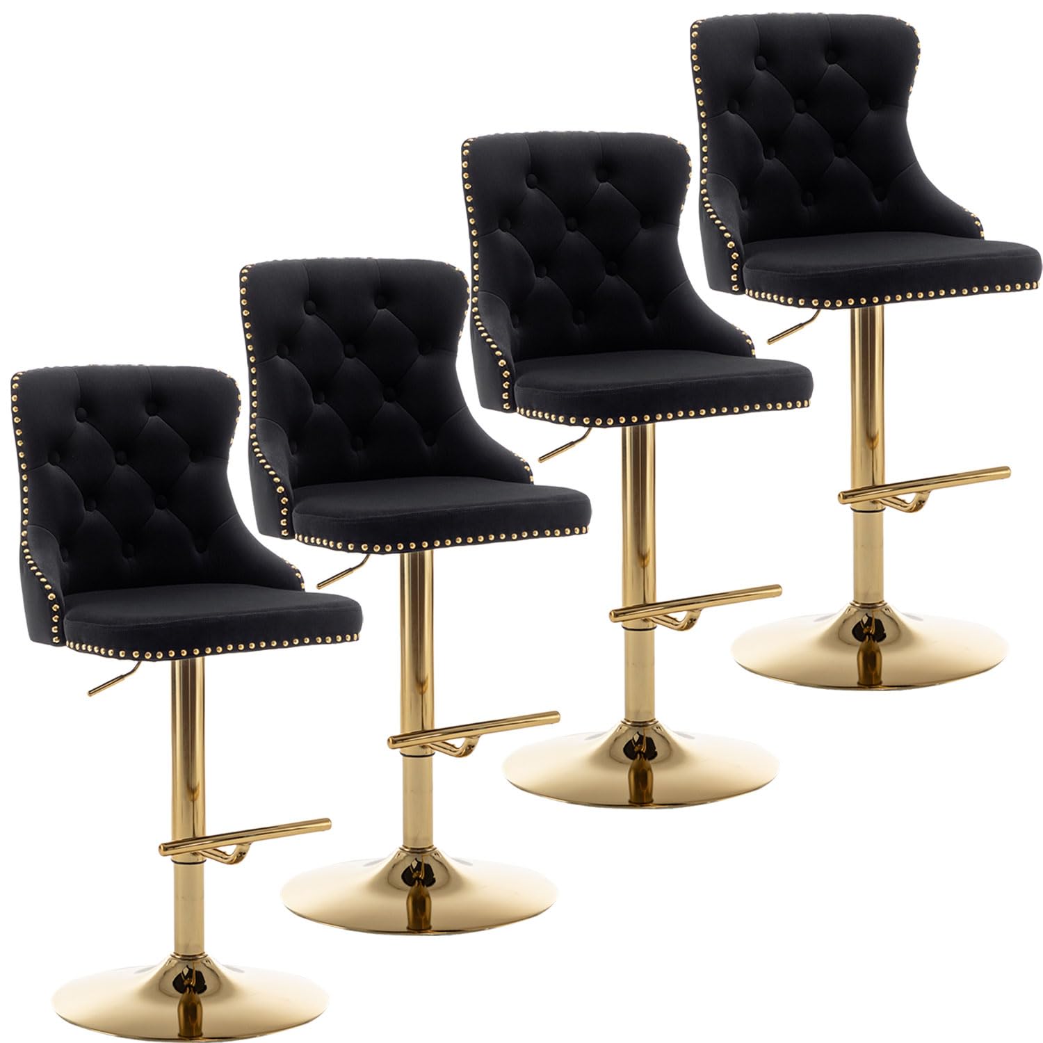 Gold Velvet Bar Stools Set of 4 - Swivel Counter Height Barstools with Nailhead Trim & Button Tufting - Adjustable Stools for Kitchen Island, Pub, Club - Perfect for Home Bar, Dining Room & Entertainment Areas (Black)