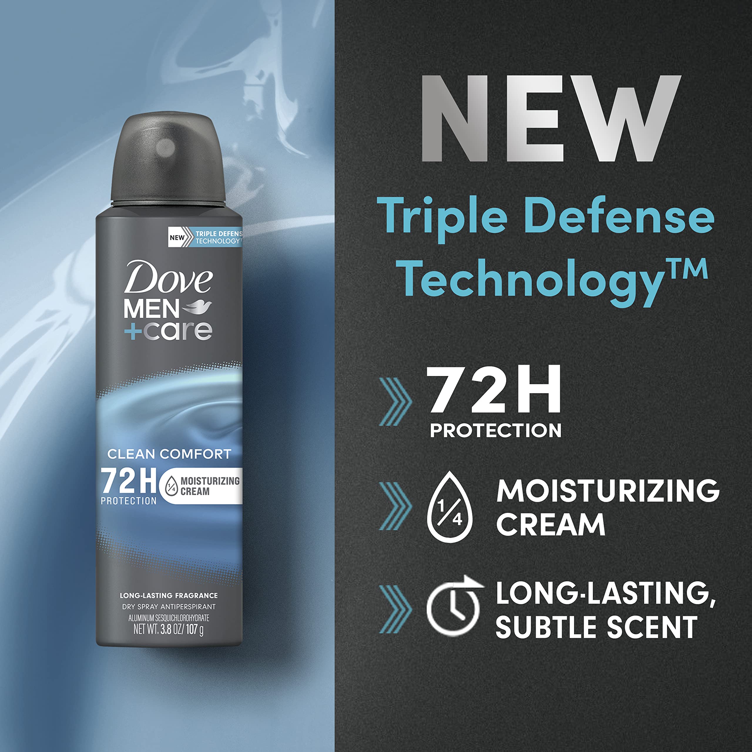 Dove Men+Care Antiperspirant Deodorant Dry Spray for Men - 72-Hour Sweat & Odor Protection, Clean Comfort Scent with Triple Defense Technology, 3.8 oz | Long-Lasting Freshness for Workouts, Office & Daily Use