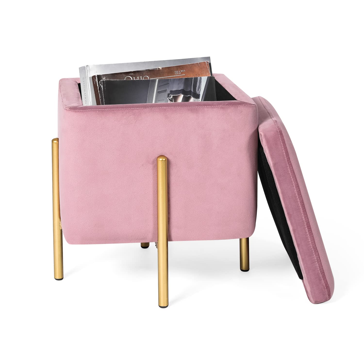 Adeco Pink Velvet Tufted Square Storage Ottoman - Modern Footrest with Hidden Storage for Living Room, Bedroom & Dorm | Small Couch Ottoman for Extra Seating & Organization