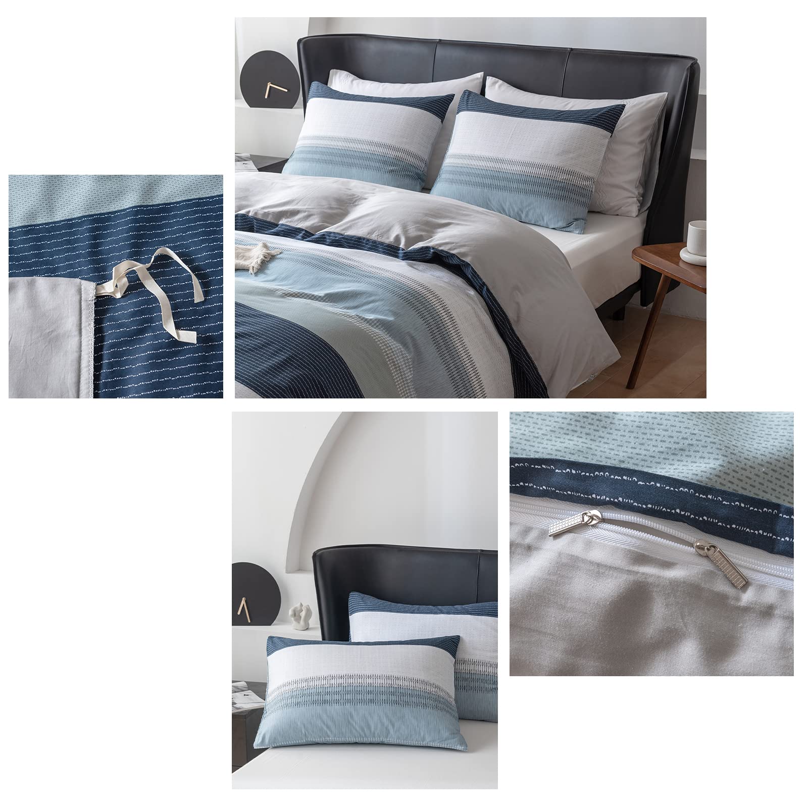 EAVD 100% Cotton Twin Duvet Cover Set - White Gray Blue Striped Modern Geometric Bedding for Boys & Girls | Soft Breathable Comforter Cover with Zipper Closure | Perfect for Kids' Rooms, Guest Bedrooms & Dorm Decor