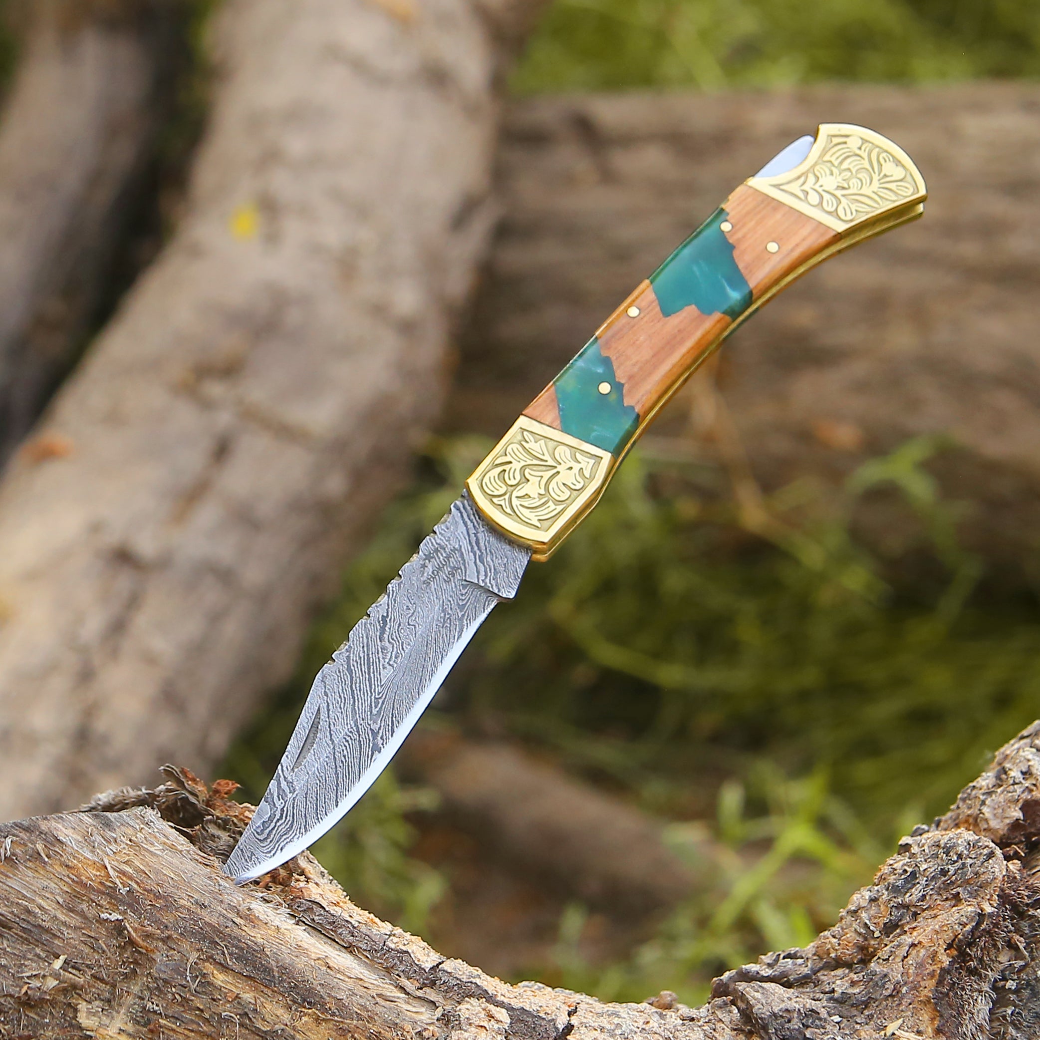 Premium Handmade Damascus Steel EDC Pocket Knife - Olive Wood Handle & Leather Sheath for Outdoor, Camping, Survival and Everyday Carry